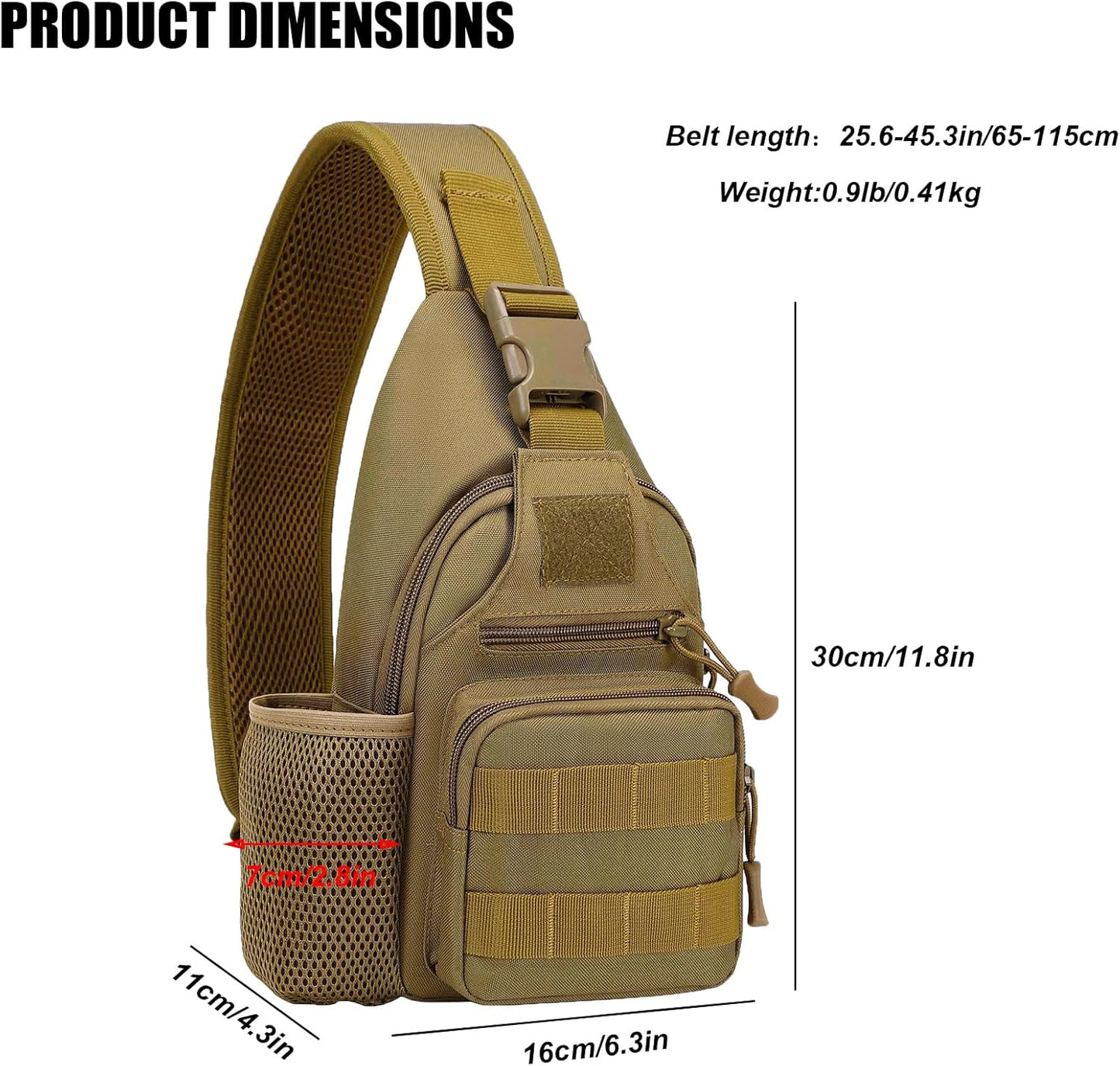 ZHIERNA Tactical Sling Crossbody Backpack with Water Bottle Holder, MOLLE EDC Shoulder Sling Chest Bags with USB Charging Port for Travel Walk(Coyote)