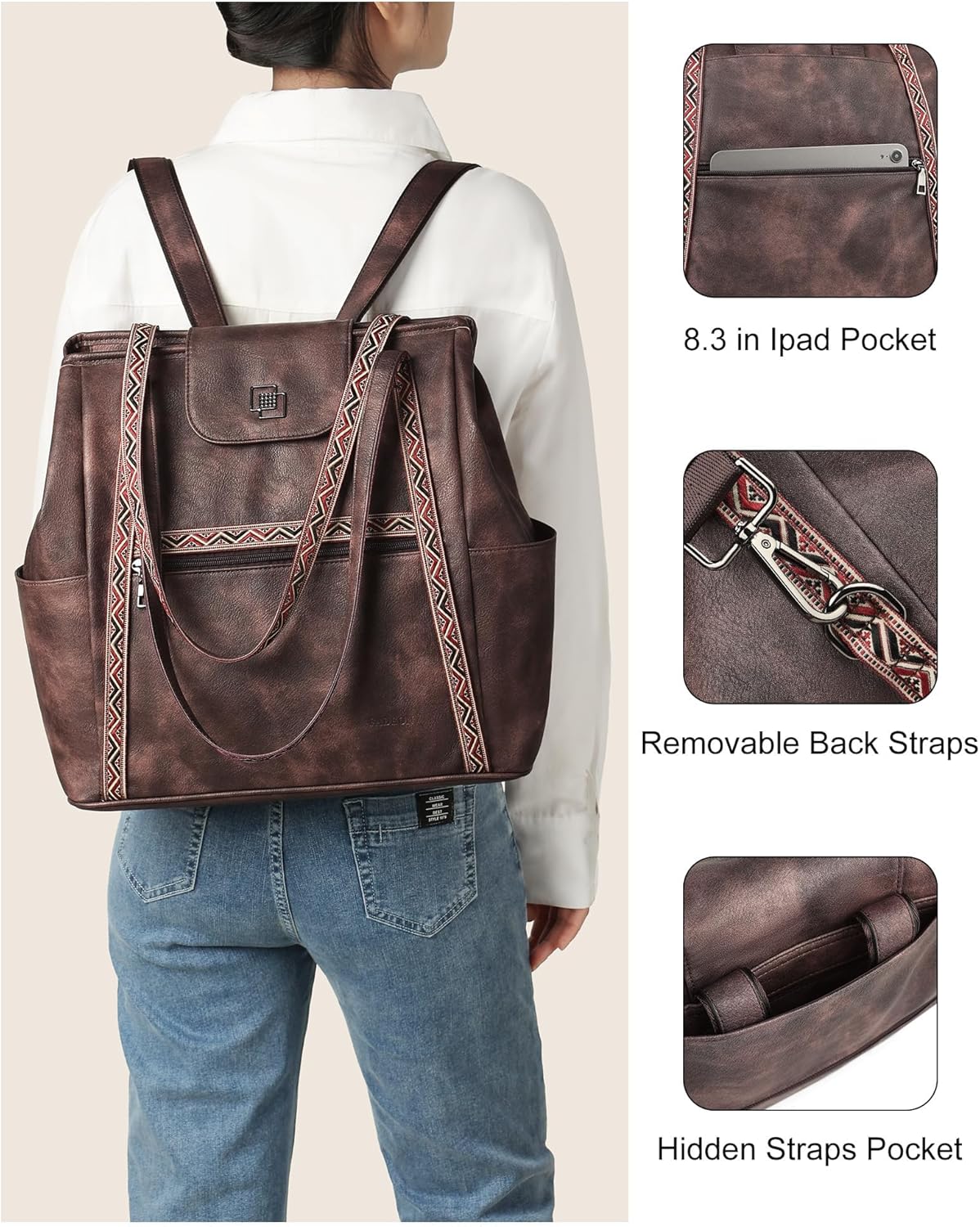 FADEON Large Laptop Tote Bag for Women Designer Leather Laptop Bag Fashion Travel Backpack Purse Shoulder Handbag