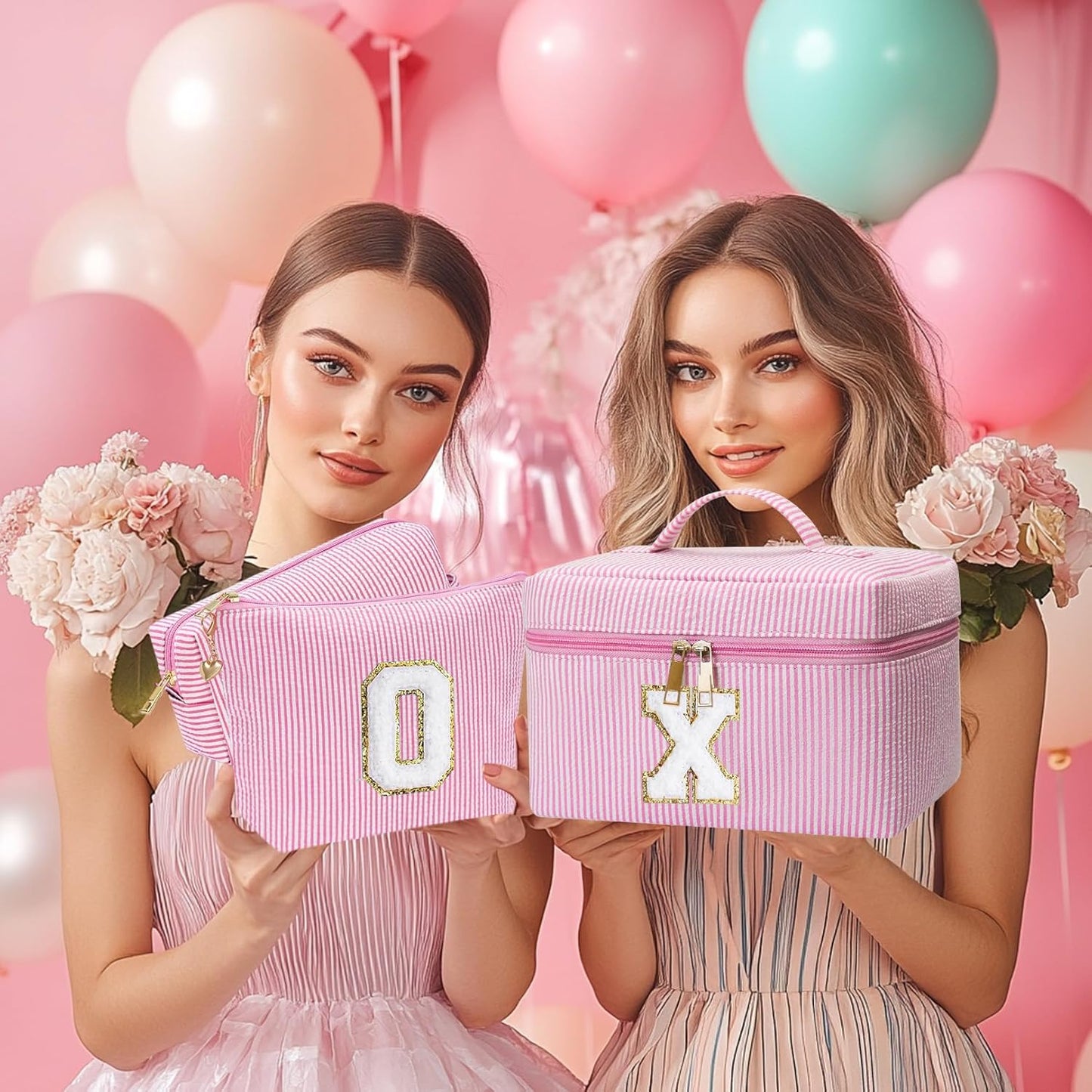 Personalized Monogram Makeup Bag, 3PCS Custom Monogrammed Toiletry Cosmetic Bag for 6-18 Teen Girls Women,Birthday Graduation Gifts Initial Pouch Makeup Bags for Women Girls, Make Up Bag (R, Pink)