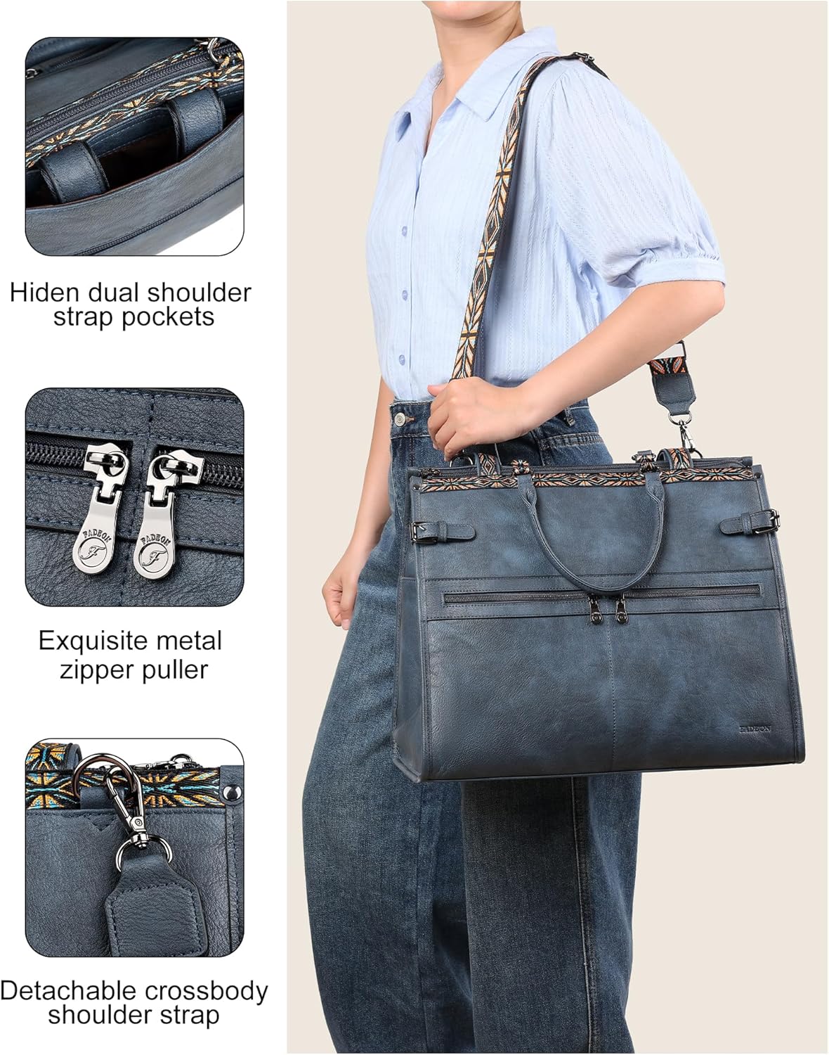 FADEON Laptop Bag for Women Designer PU Leather Large Tote Bags Backpack Purses with 15.6 Laptop Compartment Shoulder Handbag
