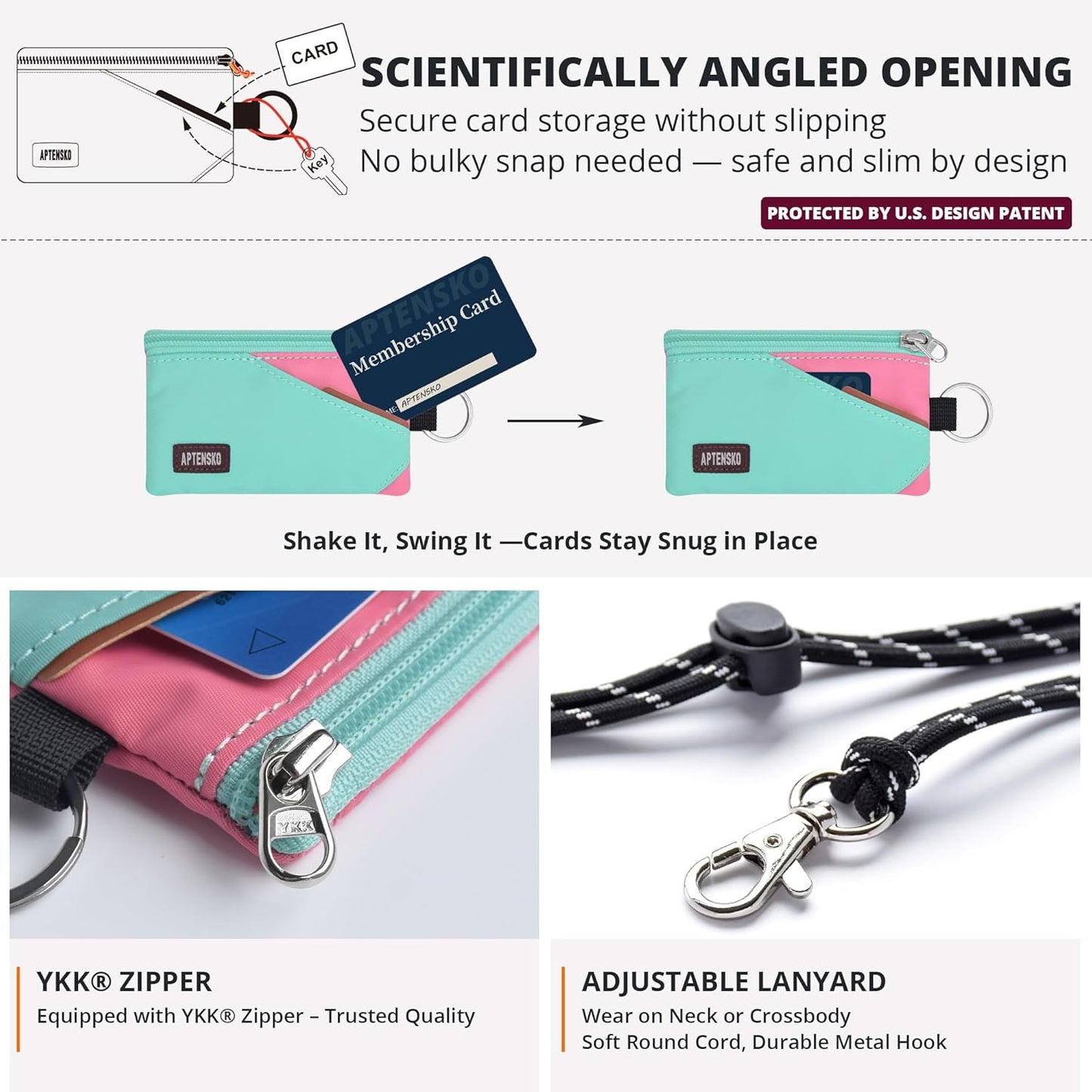 RFID Travel Wallet with Adjustable Lanyard-Zipper Small Wallet with ID Card Holder, Keychain for women&men-Minimalist Slim Waterproof Nylon case for ID, Cash, Key (Mint Aqua+Pink)