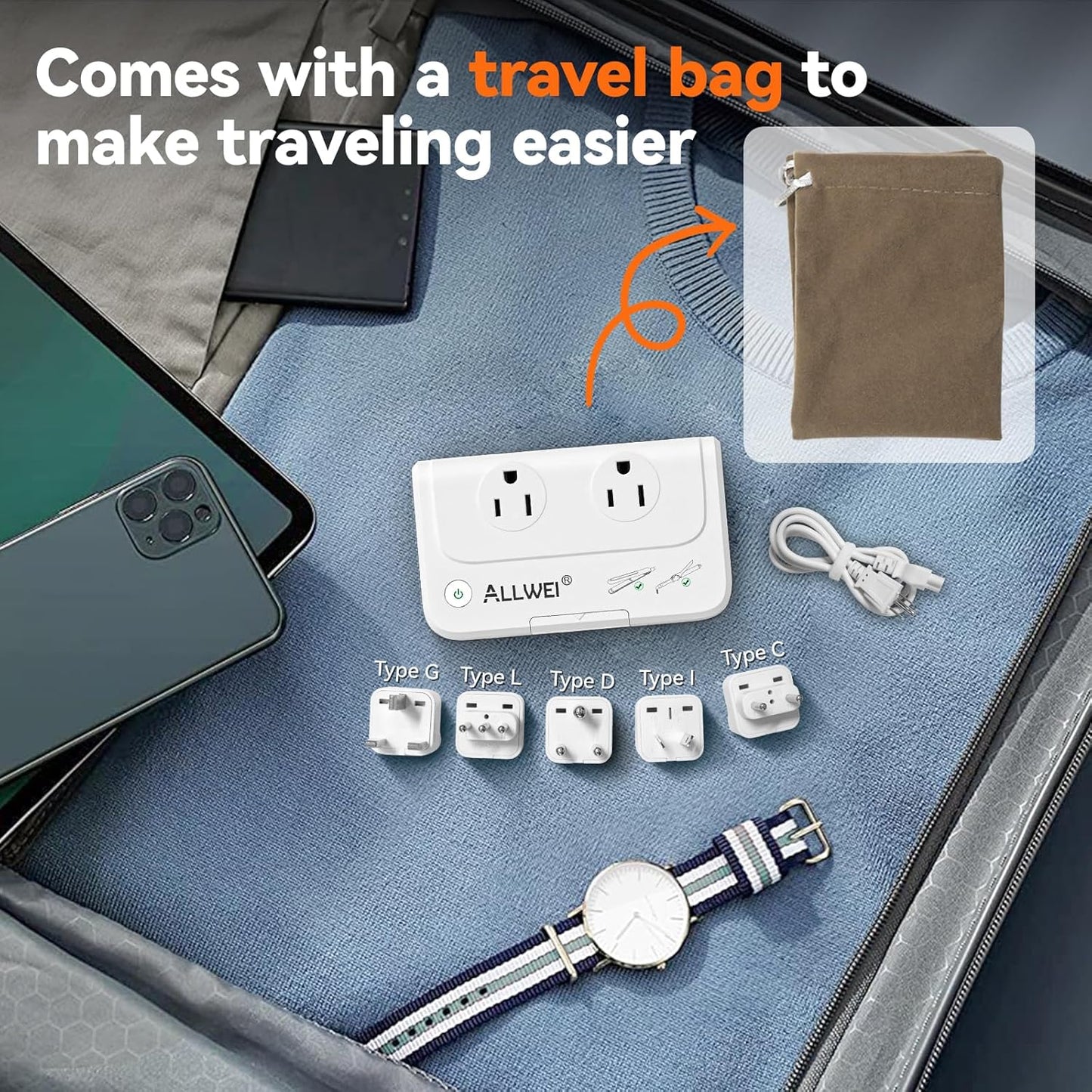 ALLWEI International Travel Adapter 220V to 110V Power Voltage Converter for Hair Straightener/Curling Iron, Universal Power Plug Adapter UK, US, AU, EU, IT, India (White)