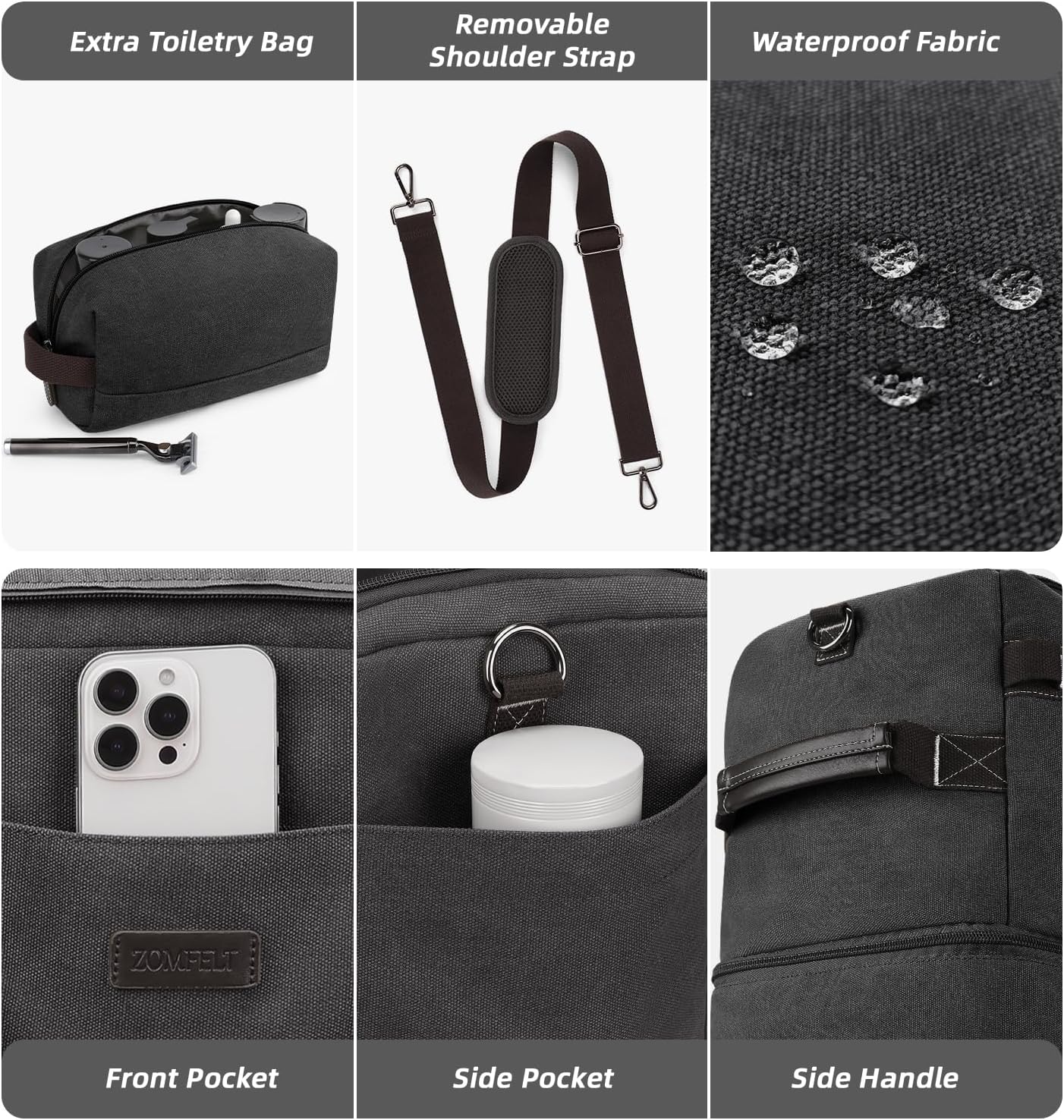 ZOMFELT Travel Duffle Bag for Men, 55L Waterproof Canvas Overnight Duffel Bag with Removable Dividers & Shoe Compartment, Carry On Weekender Gym bag, Multi-Pocket & Vintage Design (Washed Black)