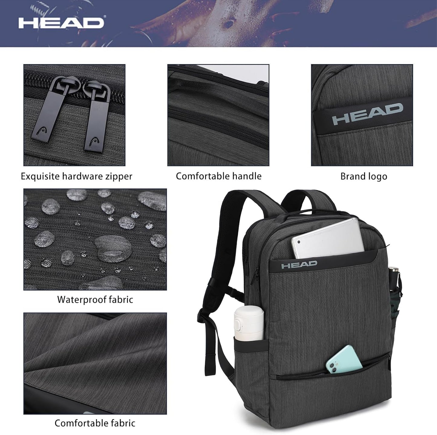 HEAD Waterproof Laptop Backpack for Men with Trolley Sleeve, Business Laptop Backpacks Fits 17.3 inch Notebook, Large Travel Backpack for Work/Commute/College