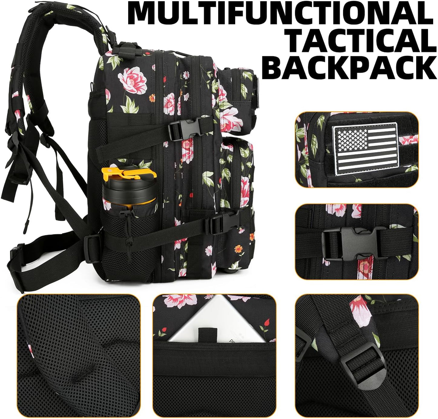 25L Tactical Military Backpack Small Travel Rucksack for Men and Women Assault Pack Bug Out Bag Molle Daypack Gym Backpack with Bottle Holder (Peony)