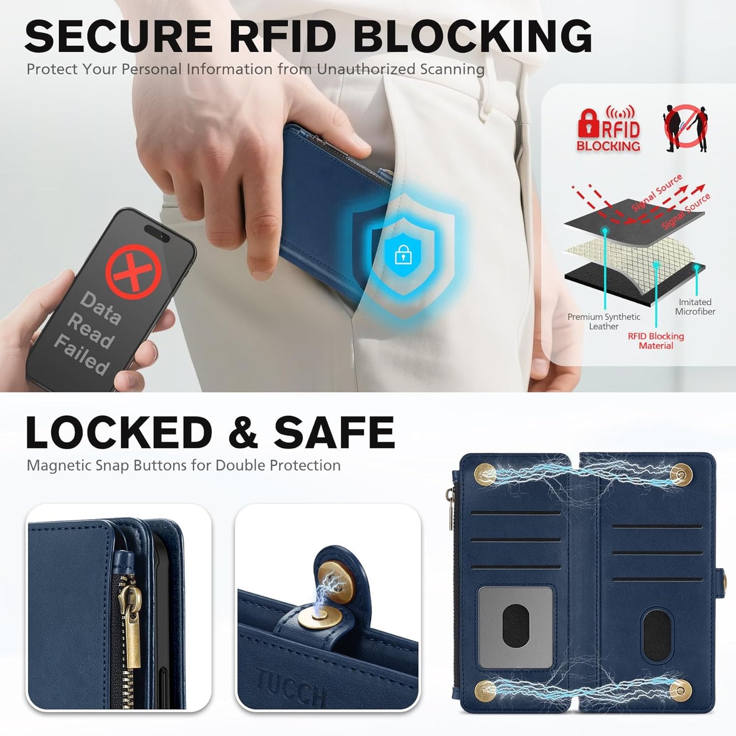 TUCCH Crossbody Detachable Wallet Case for iPhone 17 (6.3") 2025, 9 Card Holders RFID Blocking, Wireless Charging, Stand, Wrist Strap, Lanyard, Zipper Pocket, PU Leather Shockproof Cover, Dark Blue