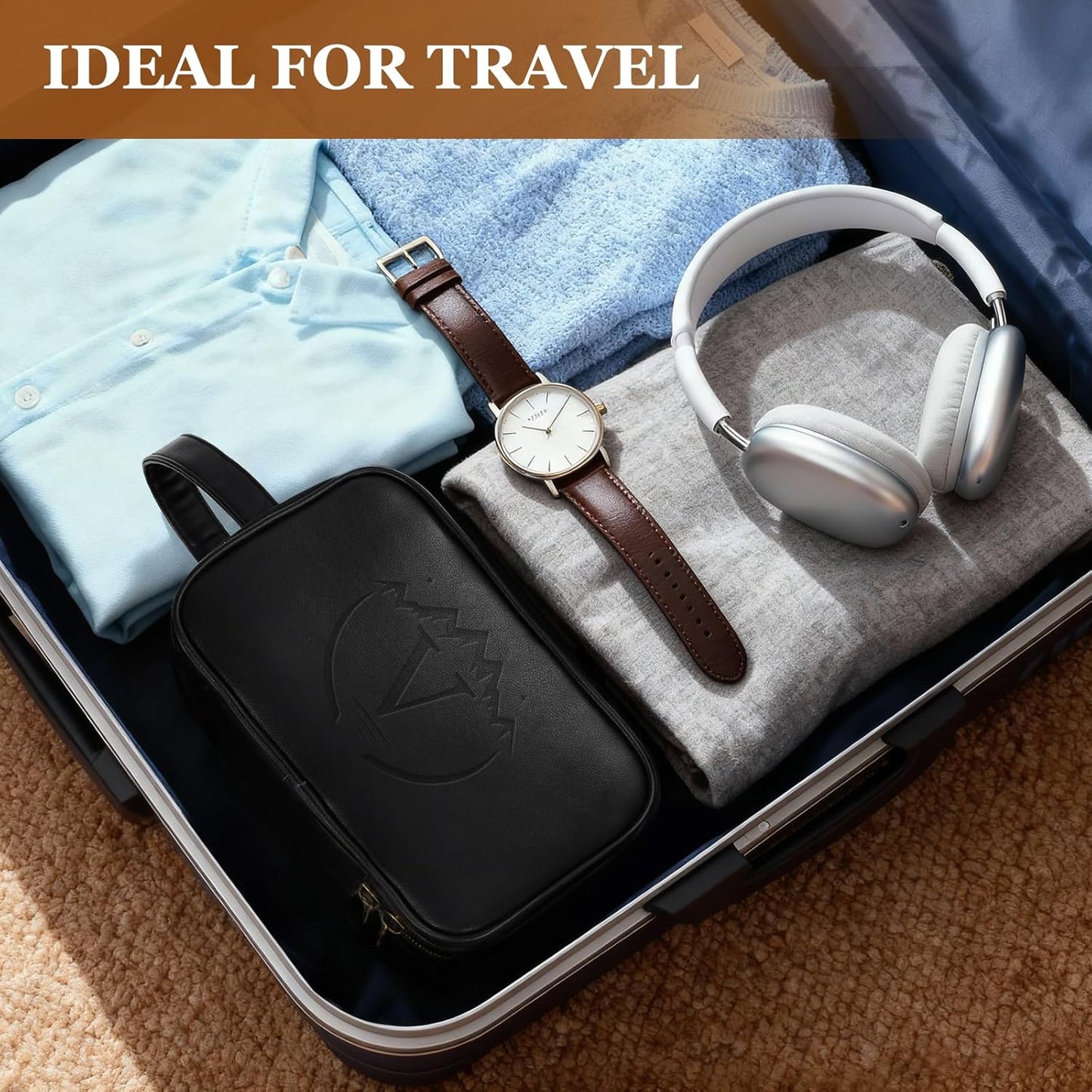 Travel Toiletry Bag for Men,Mens Shaving Bags for Toiletries,Men's Toiletry Travel Bag Leather,Personalized Travel Essentials,Birthday Gifts For Men,Black- V
