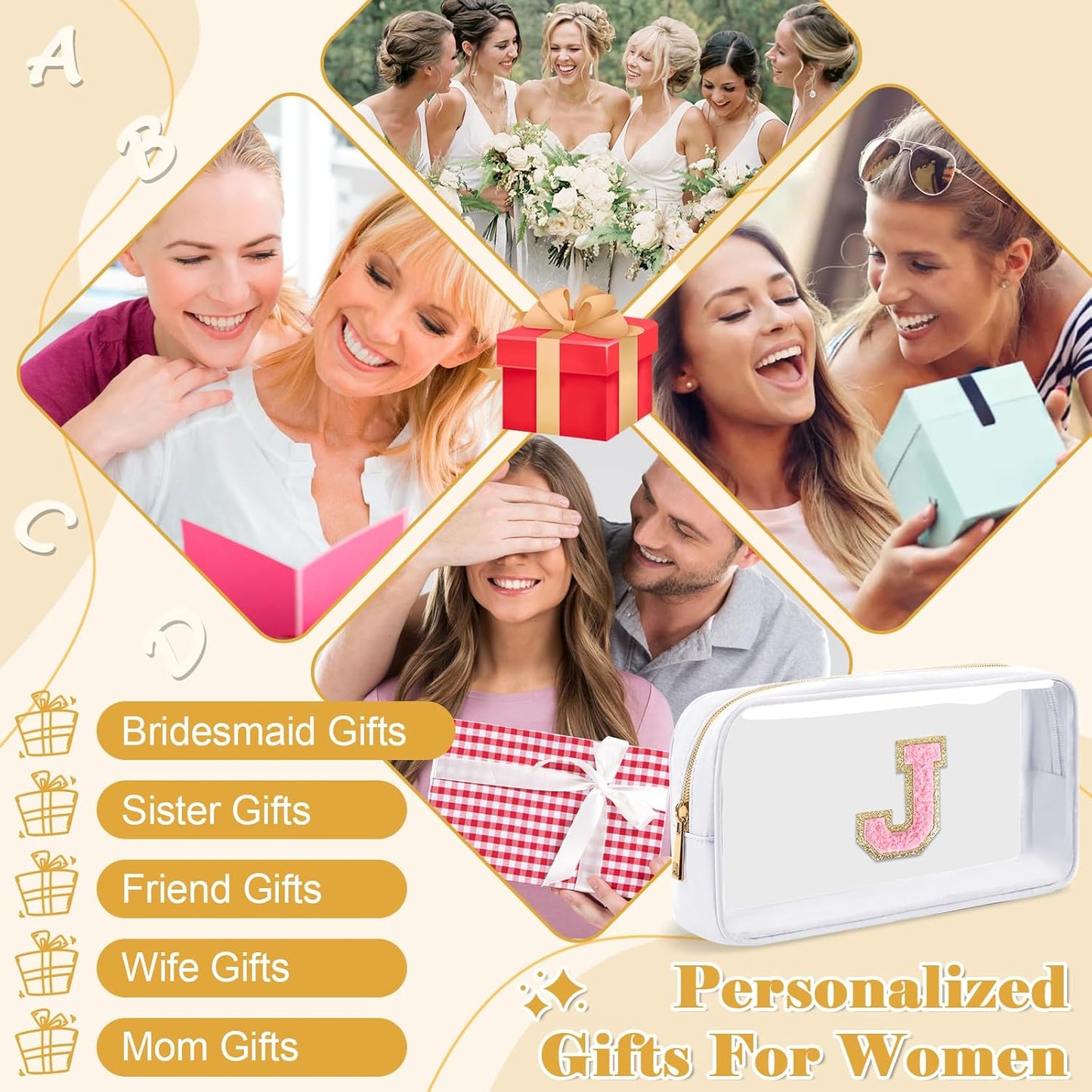 Personalized Initial Letter Clear Makeup Bag,Preppy Small Nylon&PVC Cosmetic Zipper Bag with Chenille Letter,Travel Skincare Toiletry Bag,Monogram Christmas Gift for Teen Girls Women,J
