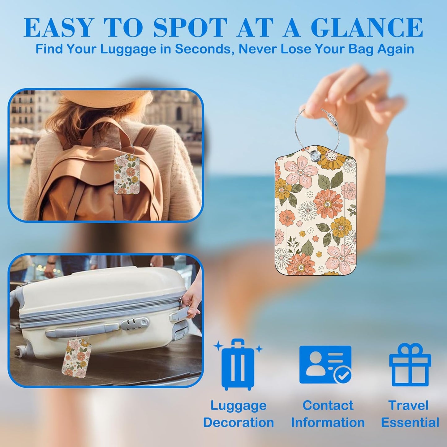 2 Pcs Luggage Tags for Suitcases, Retro Groovy Boho Flower Leather Bag Tags for Luggage Privacy Cover Name ID Label with Stainless Steel Loop Cruise Airport Travel Essentials