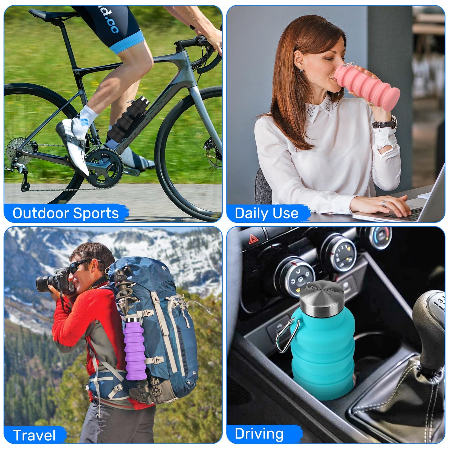 Rotayi Collapsible Water Bottle, 16oz Portable Reusable Silicone Water Bottle with Carabiner for