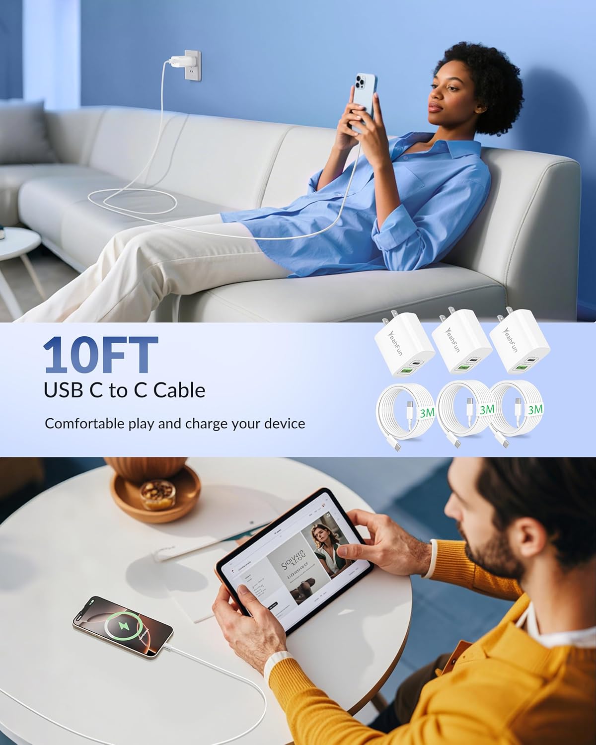 iPhone 17 16 15 Pro Max Charger Fast Charging, 3 Pack 60W Dual Port USB C Wall Charger Block with 10FT Long Type C Charging Cable Cord for iPhone 17/17 Pro Max/Air/16/15/Plus/Pro Max, iPad, AirPods