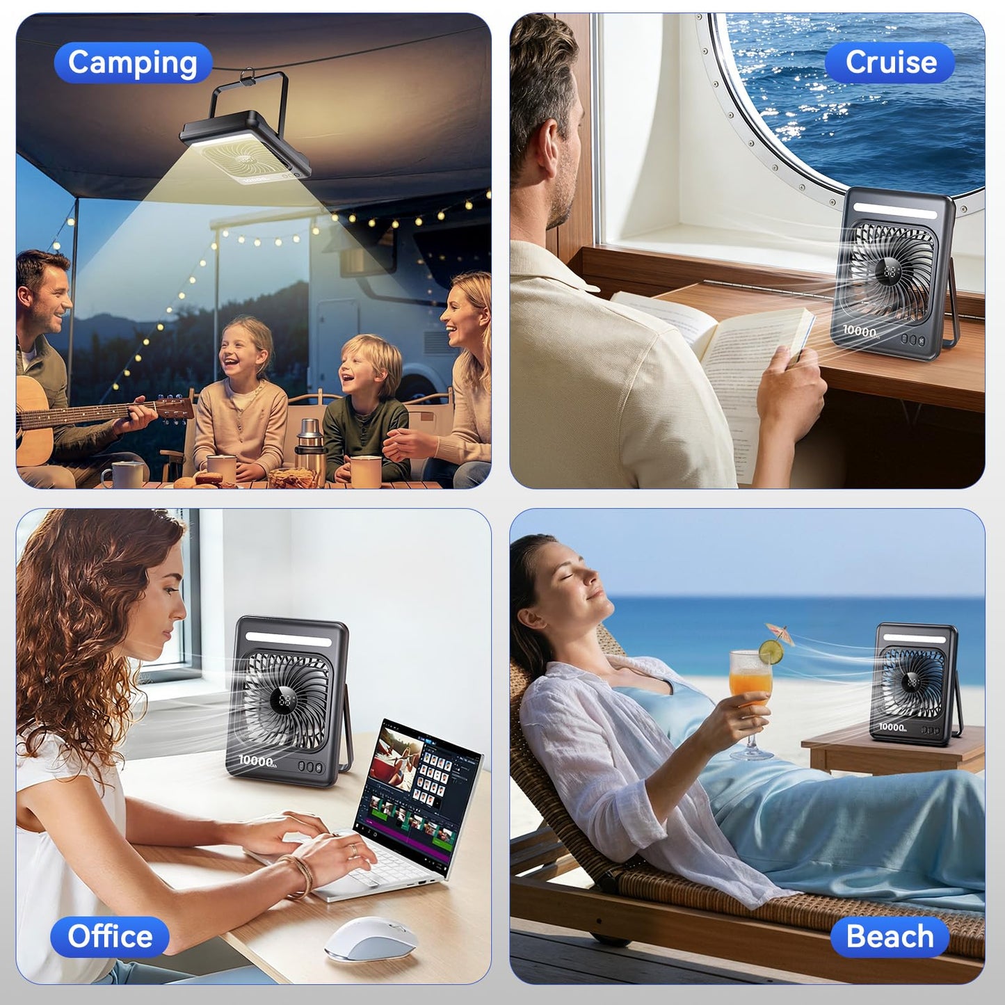 10000mAh Portable Travel Fan, 5 Speeds Strong Wind Cruise Fan with LED Lantern, 24H Runtime