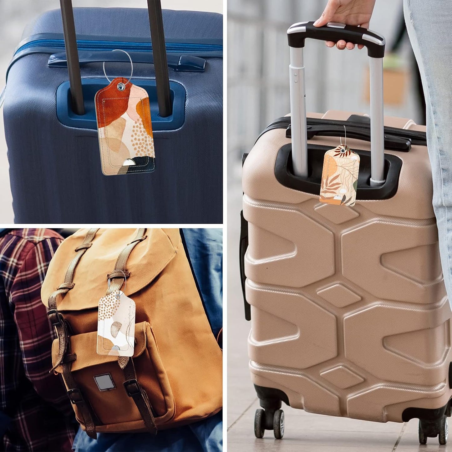 Rimilak 3 Pcs PU Leather Luggage Tags for Suitcase, Travel Cruise Luggage Tag with Privacy Flap, Name ID Label and Metal Loop for Women Men Baggage Handbag School Bag Backpack, Modern Abstract Art