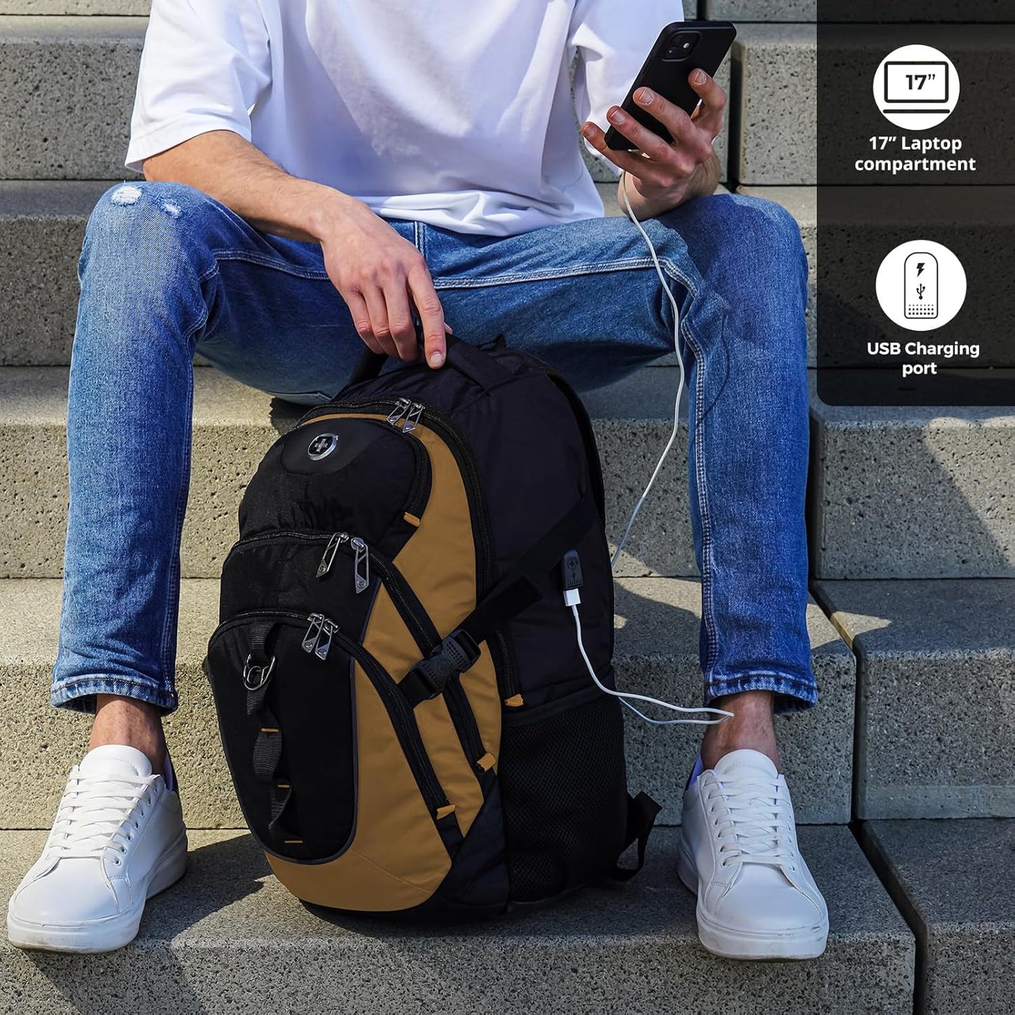 Swissdigital Design Laptop Backpack with USB Charging Port, Travel Backpack Fits 15.6 inches Computer, 31L College School Backpack for Men, Tan/Black | SD803