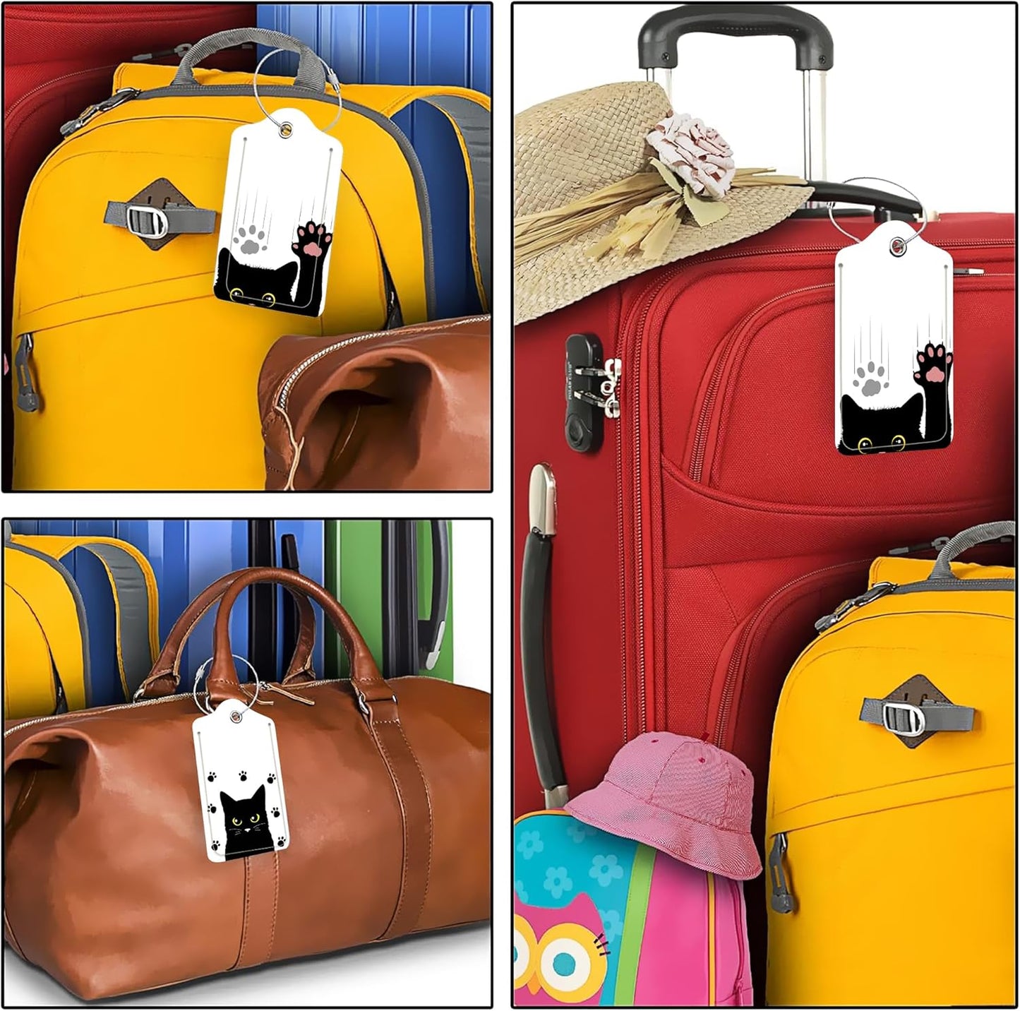 Set of 2 Luggage Tags for Suitcases, Leather Cute Black Cat Baggage Tags with Stainless Steel Loop, Privacy Name ID Card Cover Kawaii Travel Labels for Women Men Kids Girls
