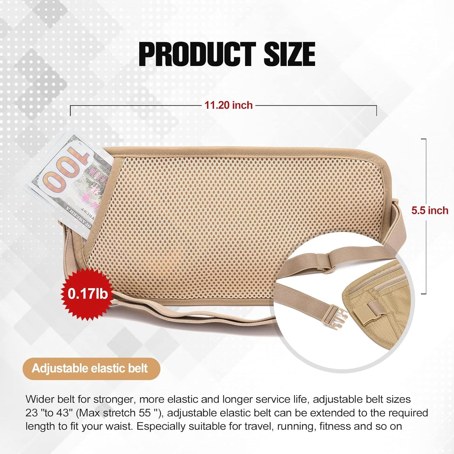 Unisex Money Belt with RFID Blocking Sleeves, Slim Passport Holder RFID Blocking Travel Essentials, Waist Pouch to Protect Cash, Beige & 6 Sleeves