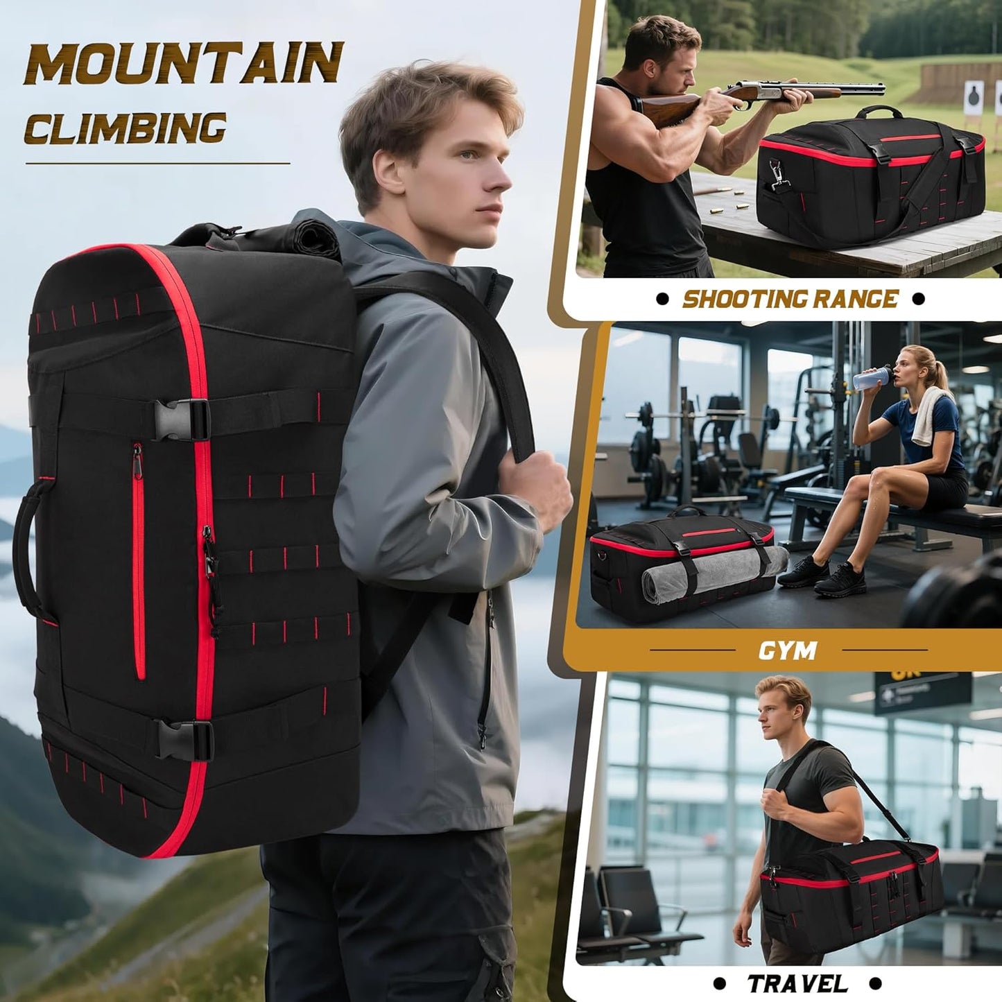 65L Tactical Duffle Bag Gym Bag with Backpack Straps, Wet Pocket and Detachable Dividers, Duffle