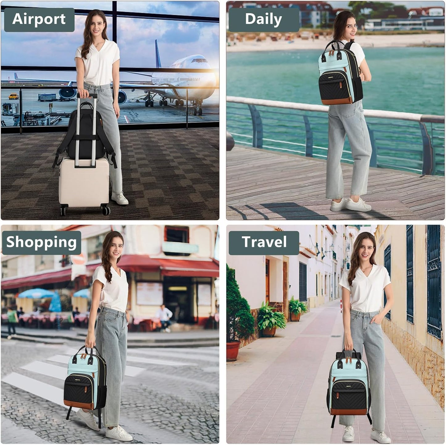 Laptop Backpack for Women Work Bookbag: 15.6 Inch College Backpacks with USB Charger School Bag Waterproof Travel Computer Back Pack Anti-Theft Casual Bookbags for Girls Teacher Nurse Black-Light-Blue