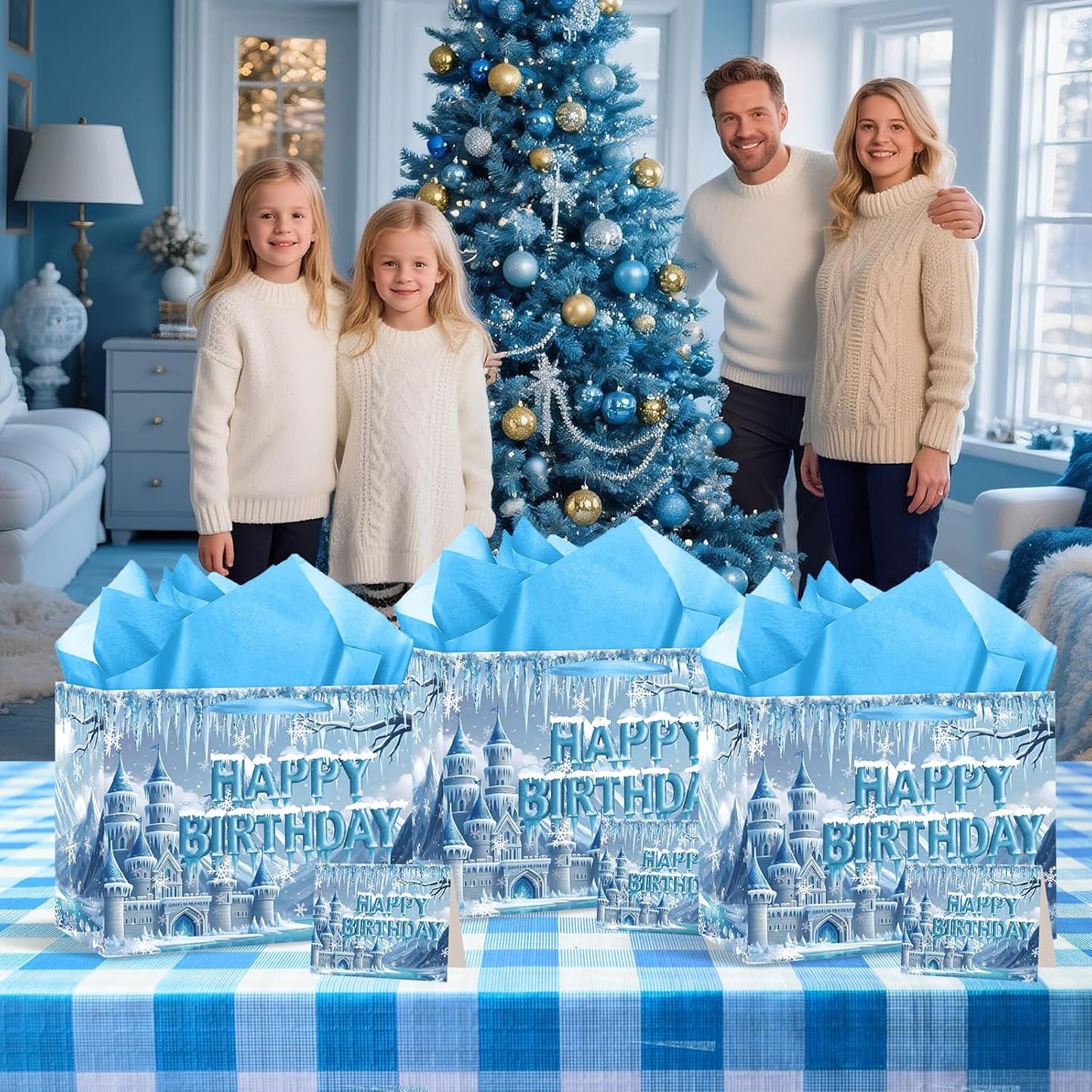 Frozen Birthday Gift Bag with Greeting Card and Tissue Paper Large Snow Frost Castle Party Favor Bags Frozen Birthday Wrapping Paper Bags Treat Candy Bags with Handle for Bday Christmas Winter Gift