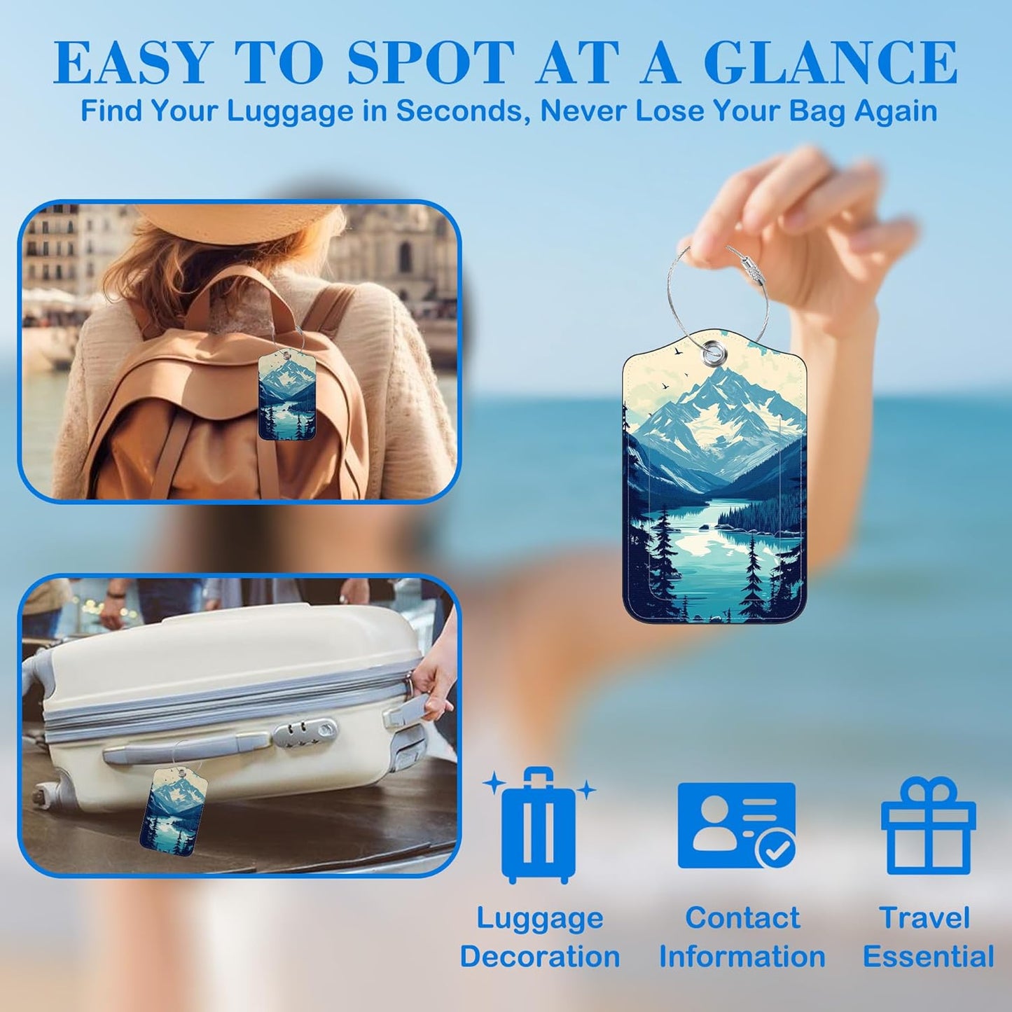 2 Pcs Luggage Tags for Suitcases, Mountain Lake Forest Landscape Leather Bag Tags for Luggage Privacy Cover Name ID Label with Stainless Steel Loop Cruise Airport Travel Essentials