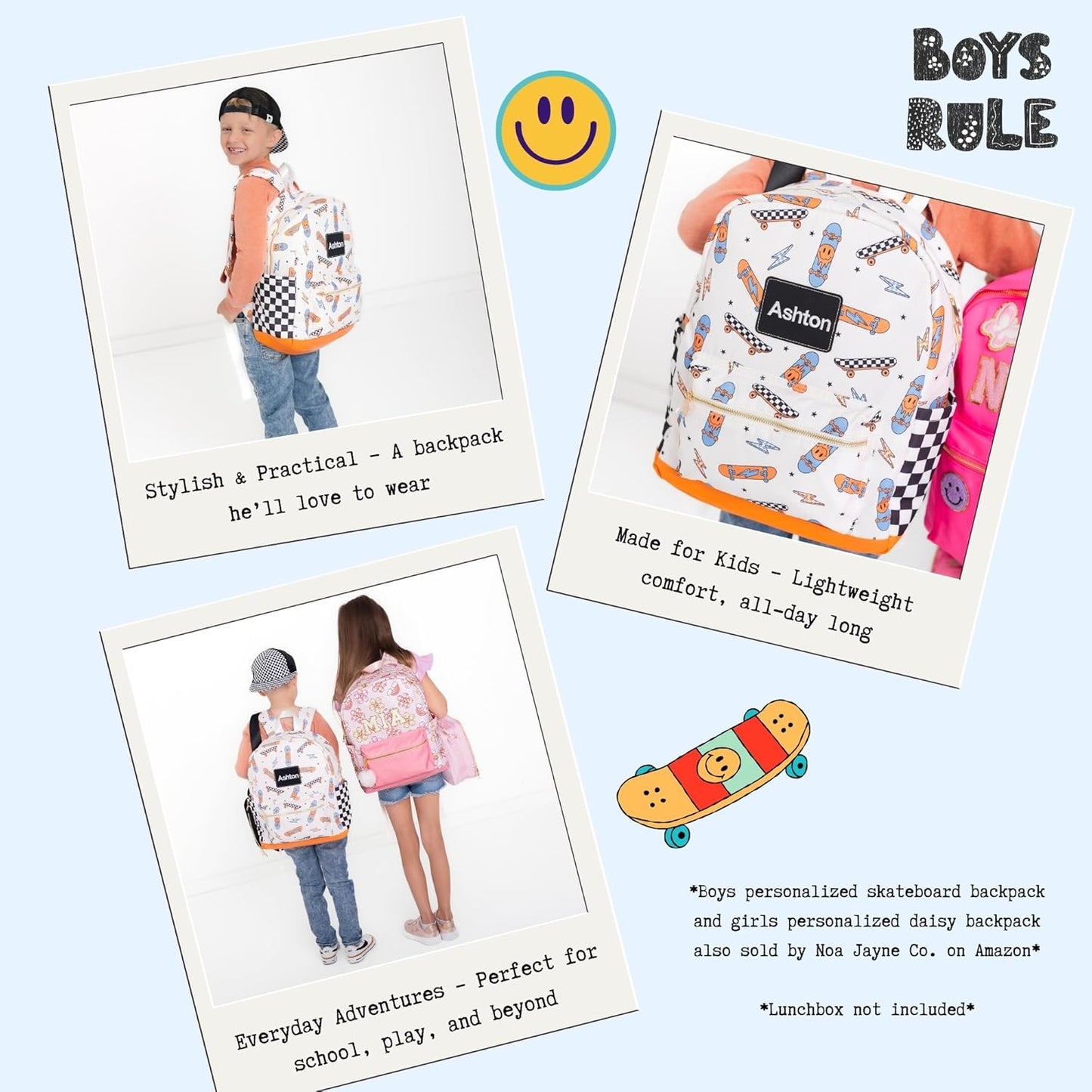 Noa Jayne Co. Boys 16" Backpack Ages 5–8 – Retro Skateboard & Checkered School Bag | Trendy Lightweight Durable Kids Backpack for Elementary & Travel