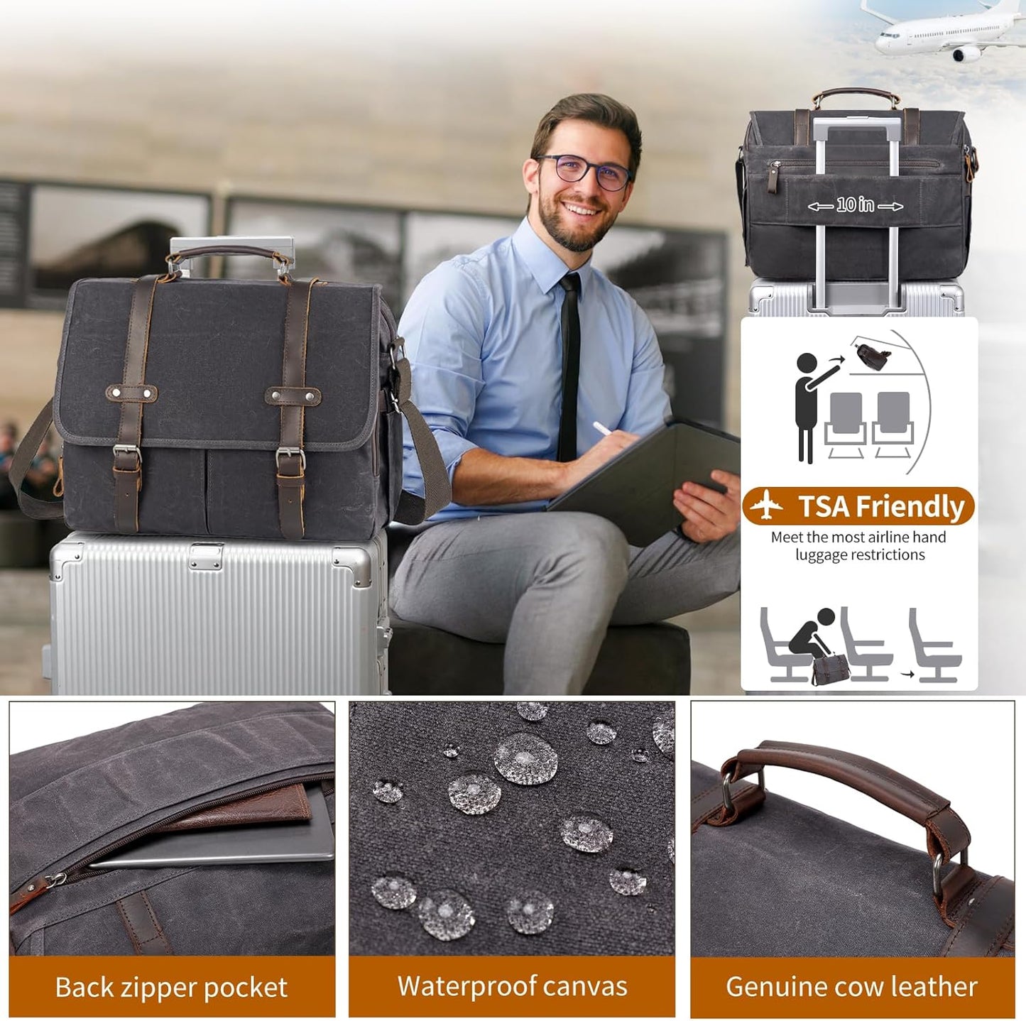 Wogarl 15.6" Messenger Bag for Men: Leather Waxed Canvas Briefcase Large Computer Laptop Bag Handbags Crossbody Bags for Work