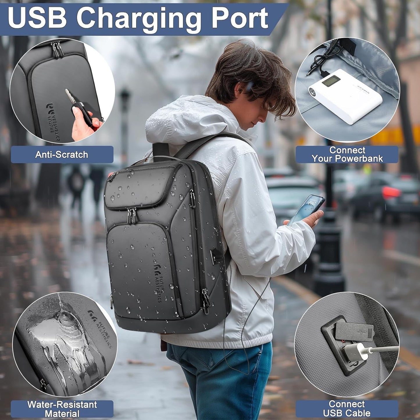hk Business Smart Backpack for Men Anti-Theft for 17.3 Inch Laptop with USB Charging Port