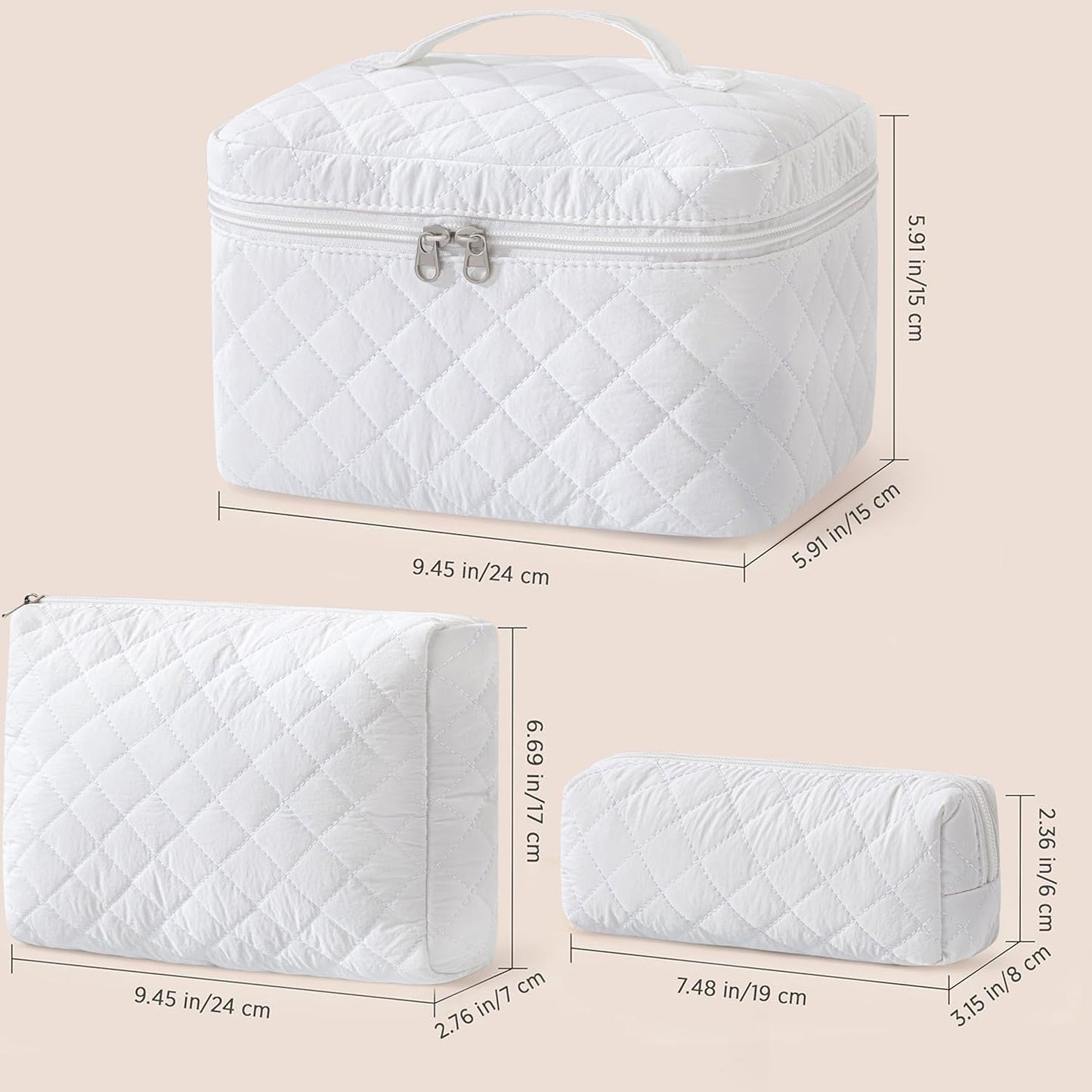 HBselect Quilted Makeup Bag, 3PCS Cotton Large Travel Makeup Bag, Cute Floral Coquette Make up Bag Cosmetic Bag Toiletry Bag for Women Girls