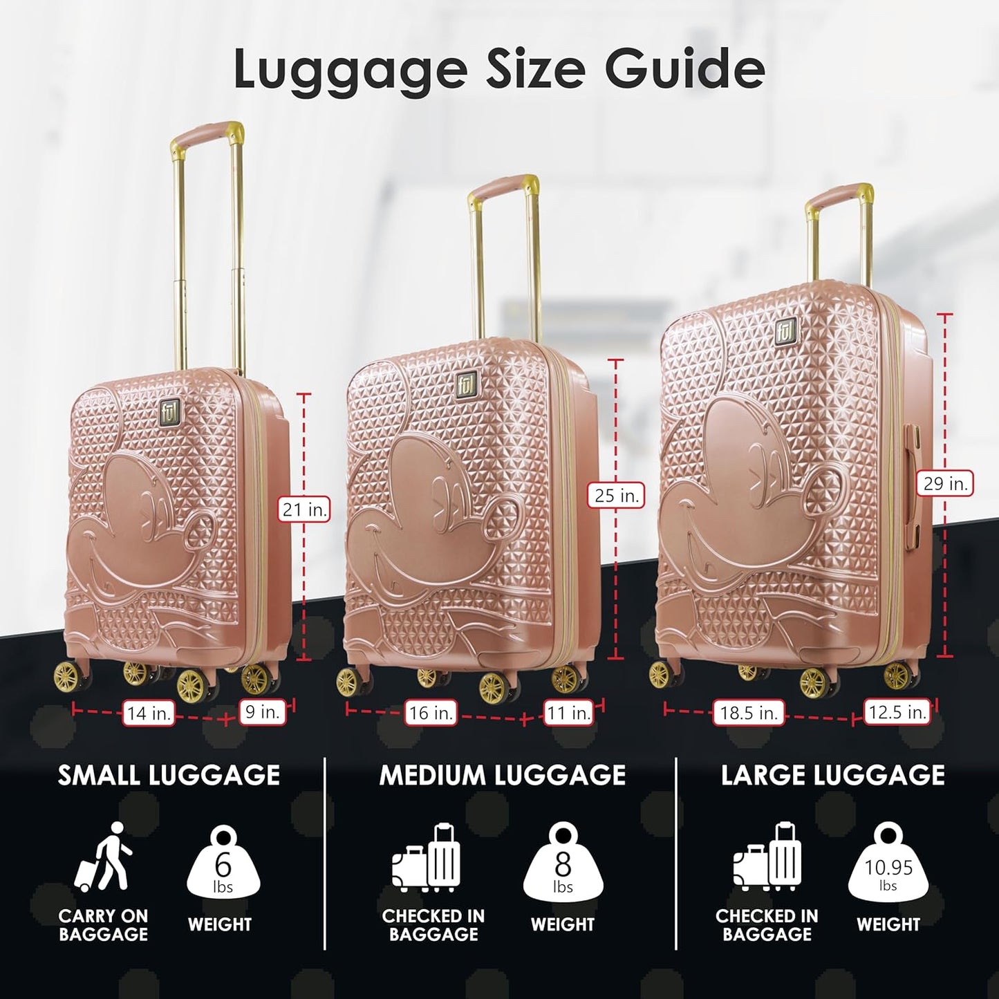 FUL Disney Mickey Mouse Rolling Luggage, Hardside Suitcase with Spinner Wheels, Rose Gold, 25 Inch