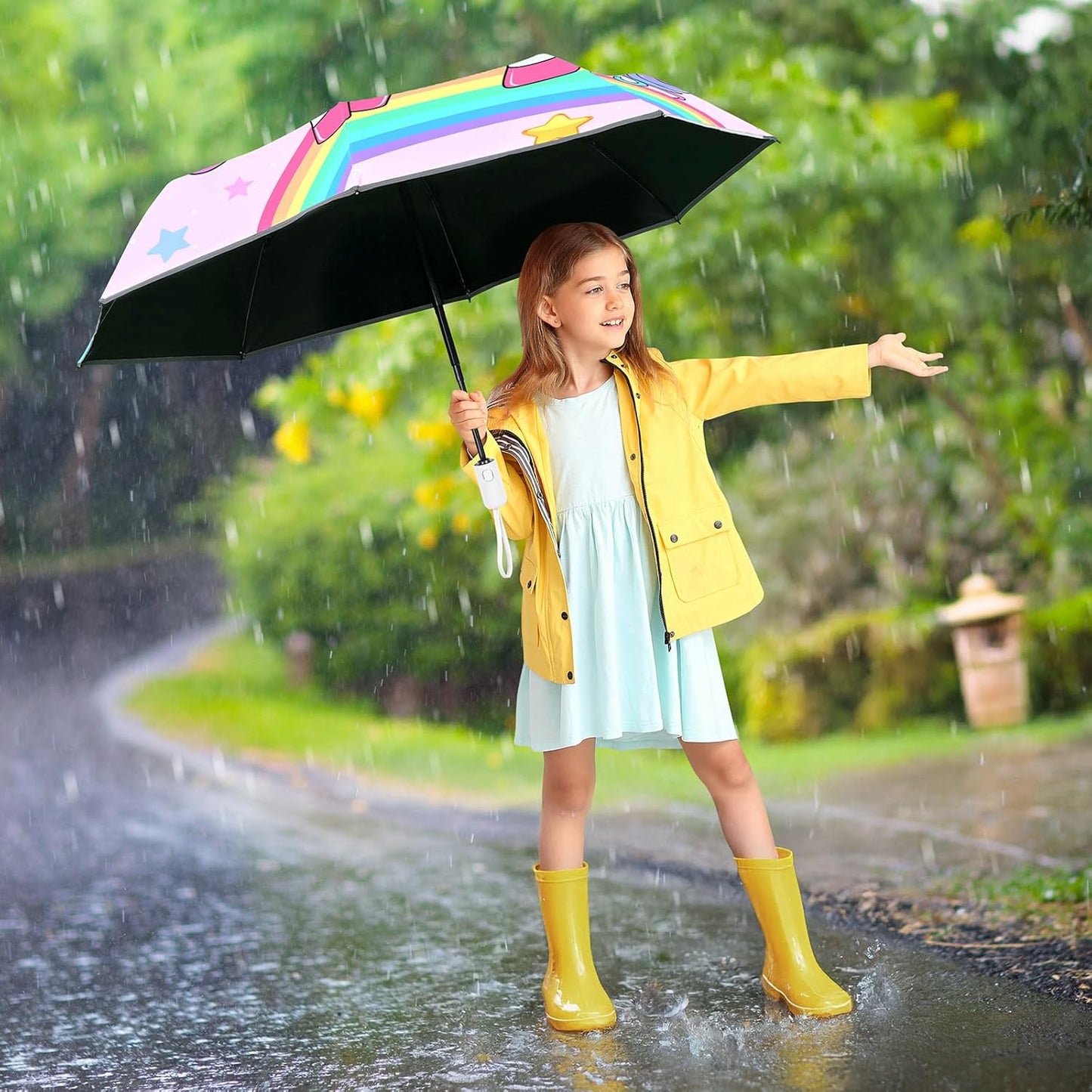 Autoamtic Kids Umbrella UV Resistant, Folding Compact Umbrella 360° Reflective Strip for Travel Outdoor, Lightweight Cute Kids Parasol Anti-rebound Safe for Toddler