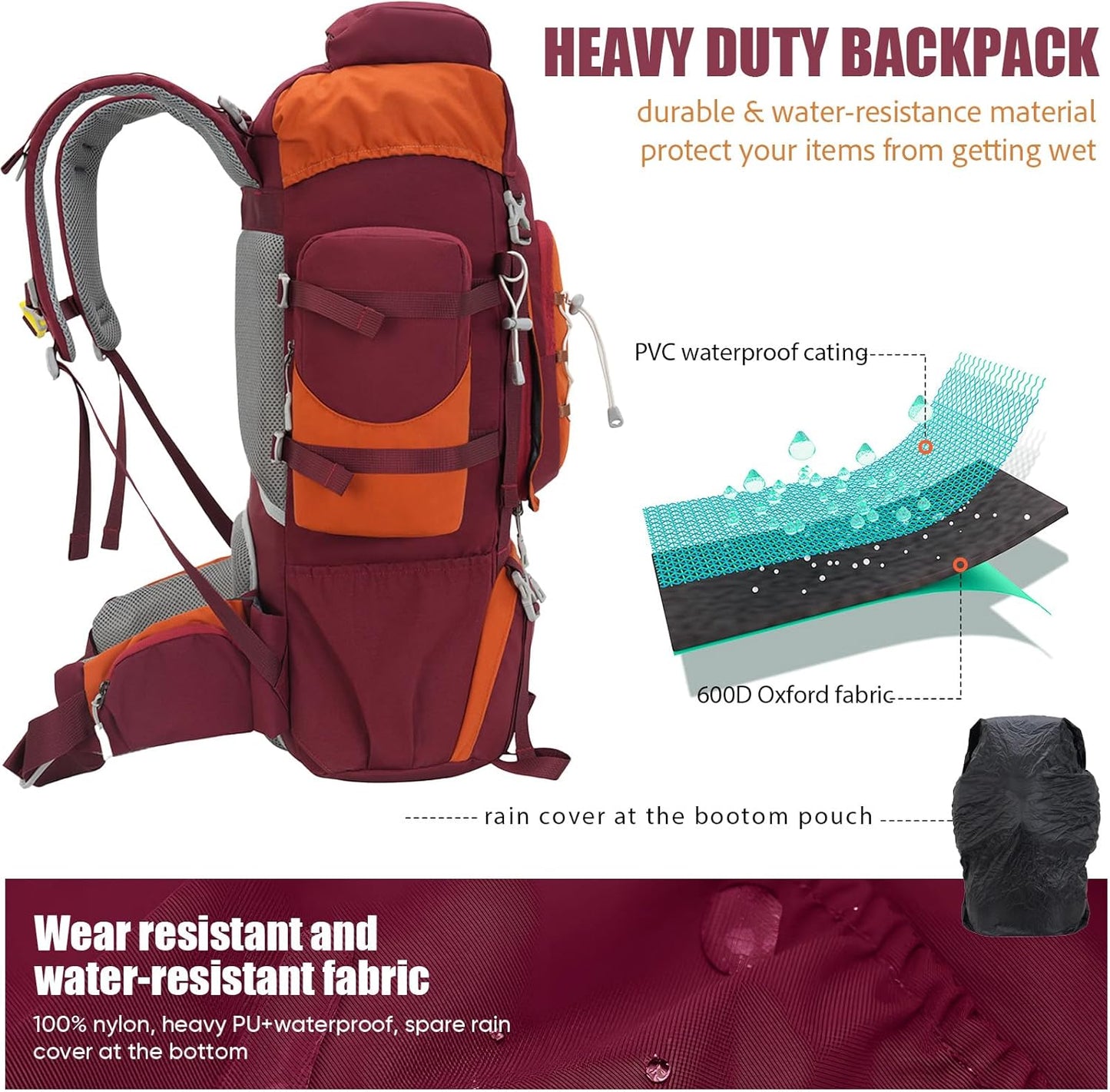 Bseash 70L (65+5) Waterproof Hiking Camping Backpack with Rain Cover, Outdoor Sport Travel Daypack for Climbing Touring (Red)