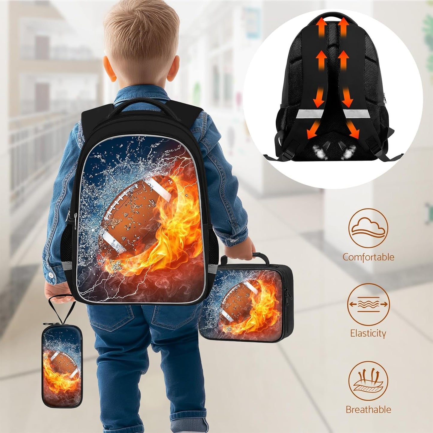 School Backpack for Boys - 4pcs American Football Boys Backpack with Lunch Box Set for Kids Children Teens Elementary Middle School - 17″ Sport Bookbag Travel Back Pack for Age 6-18
