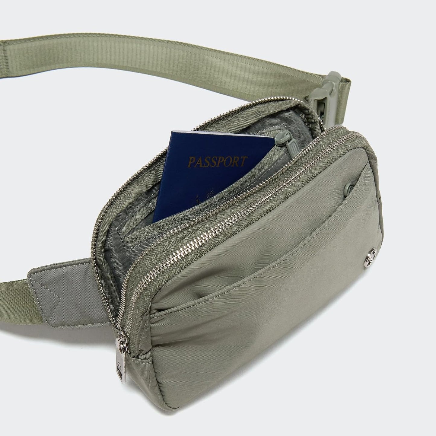 Pander Everywhere Belt Bag for Women, 5 Zipper Pockets Nylon Crossbody Fanny Pack Purse (Grey Sage).