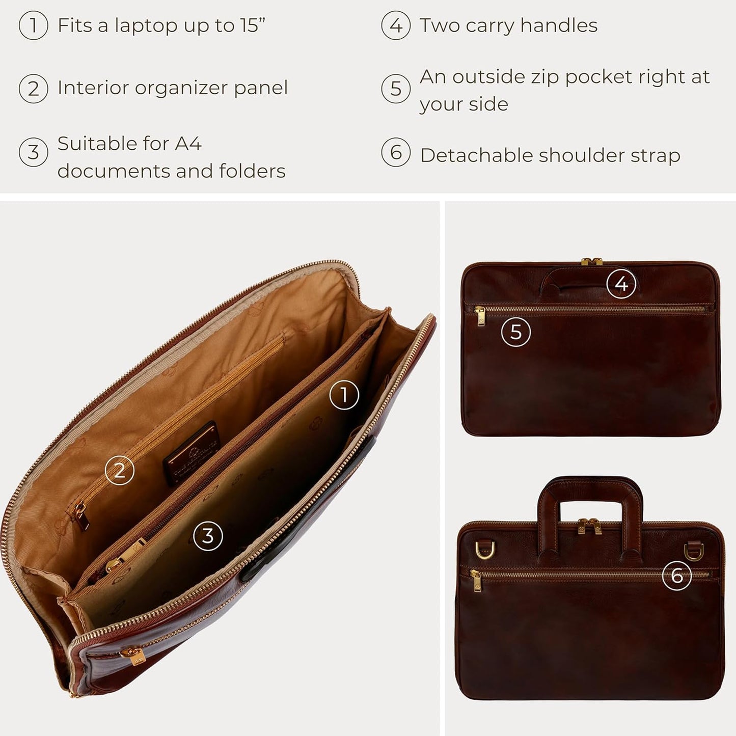 Time Resistance Slim Leather Briefcase - Italian Handmade Leather Computer Bag - Briefcase for Men and Women - Laptop Bag