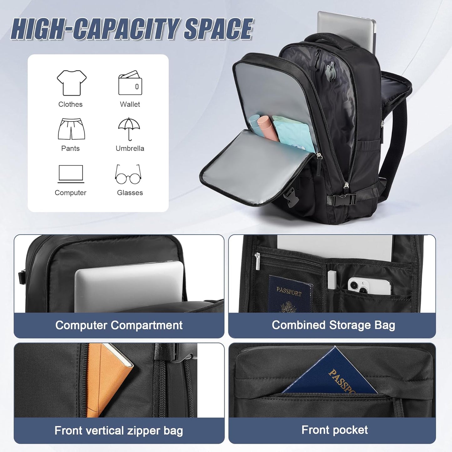 Vacuum Backpack Travel with pump,Large Travel Backpack with Vacuum Seal System,Personal Item Travel Bag Frontier Airlines Approved 18x14x8,Mochila Compresion al Vacio,Laptop Backpacks,Black