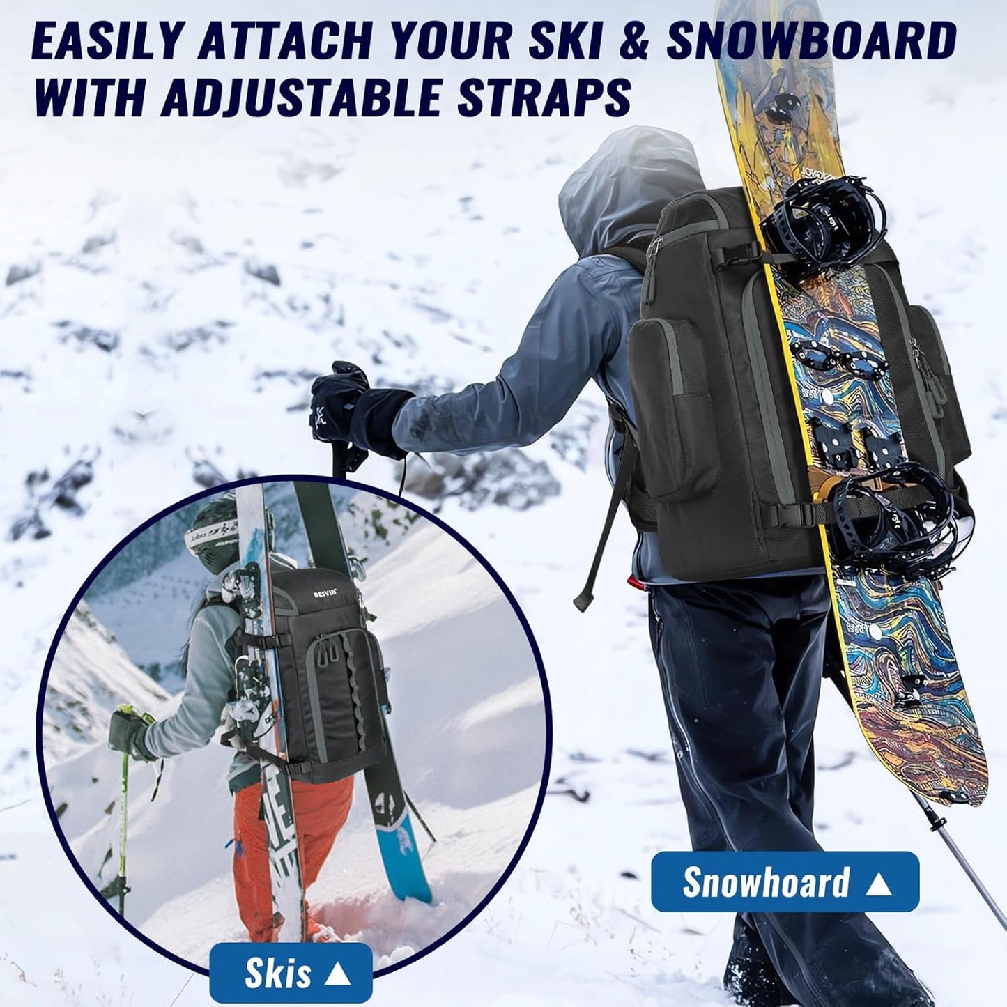 Ski Boot Bag, 65L Waterproof Ski Bag Ski Boot Bag Backpack 1680D Nylon for, Skis Snowboard & Accessories