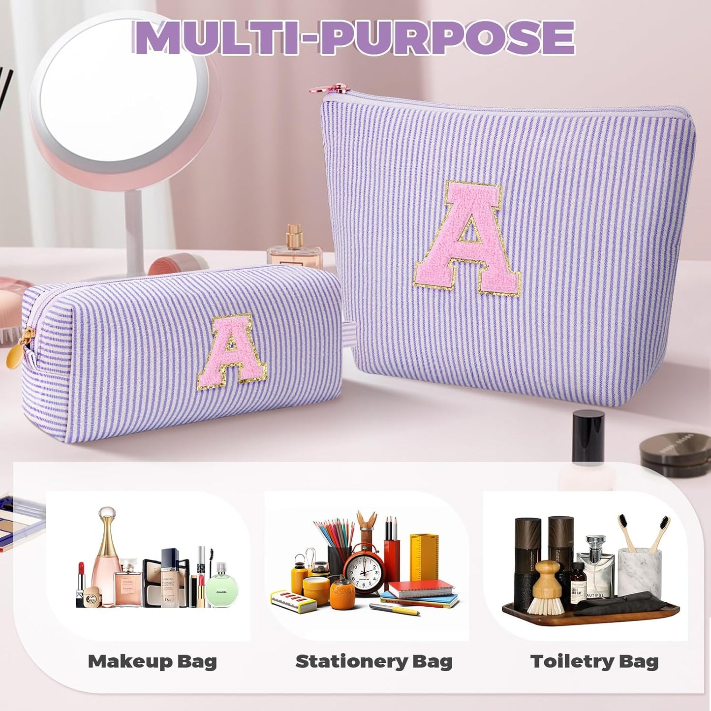 Makeup Bag Set Initials Cosmetic Bag,Birthday Graduation Gifts for 10 11 12 13 14 15 16 17 18 Years