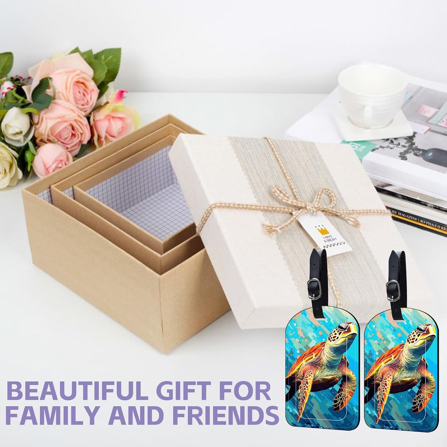 2 Pack Luggage Tags Watercolor Sea Turtle PU Leather Baggage Handbag Suitcase Tags with Secure Strap Privacy Cover ID Labels,Business Travel Baggage Tag Identifier