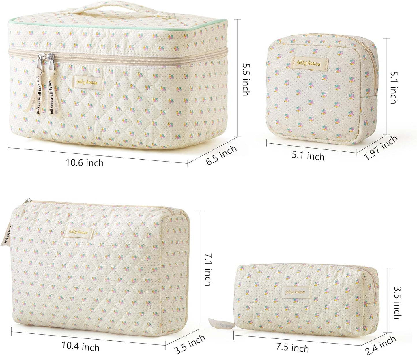 HBselect 4Pcs Cotton Quilted Coquette Makeup Bag - Large Travel Cosmetic Bag - Aesthetic Cute Kawaii Floral Makeup Bag - Toiletry Bags - Coin Purse for Women Girls