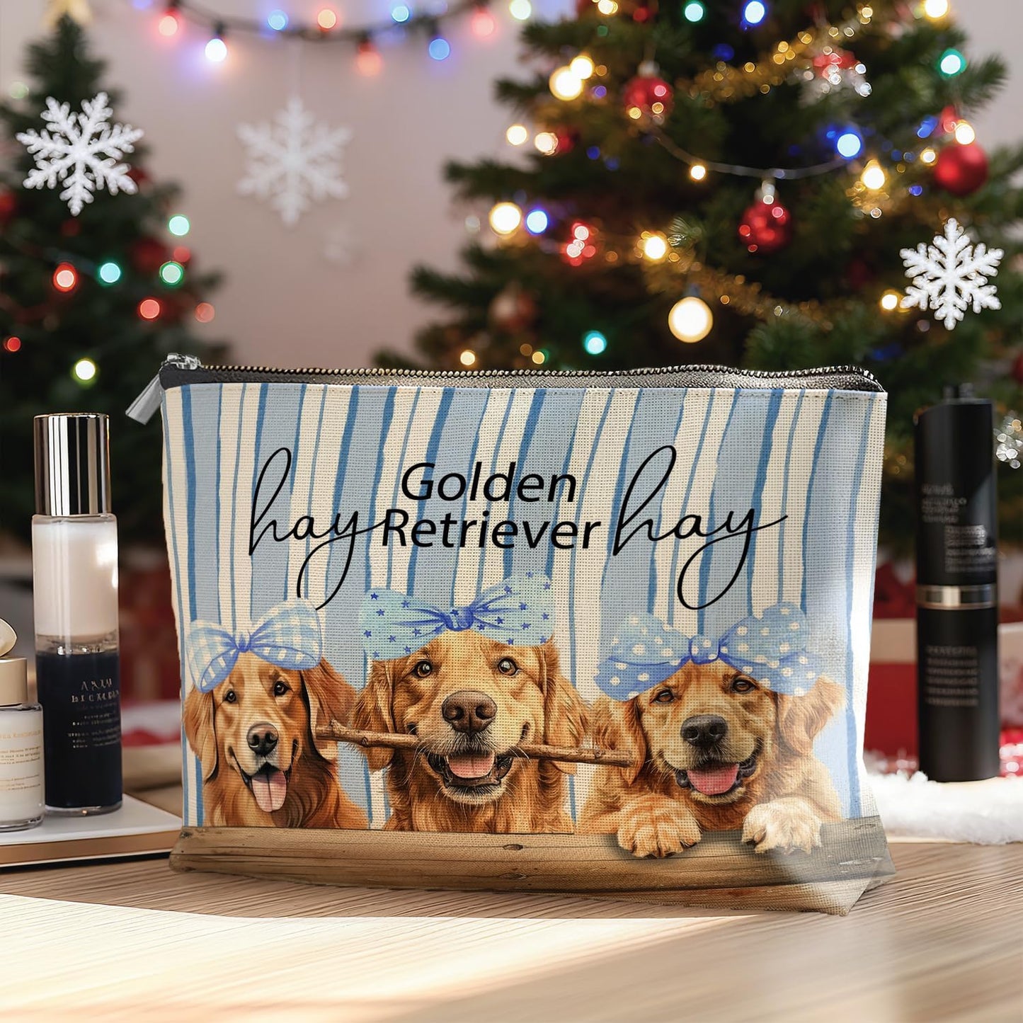Blue Coquette Bow Golden Retriever Makeup Bag Gifts for Women, Golden Retriever Lovers Gifts Cosmetic Bag, Rustic Preppy Dog Blue Striped Zipper Makeup Pouch Travel Toiletry Bag