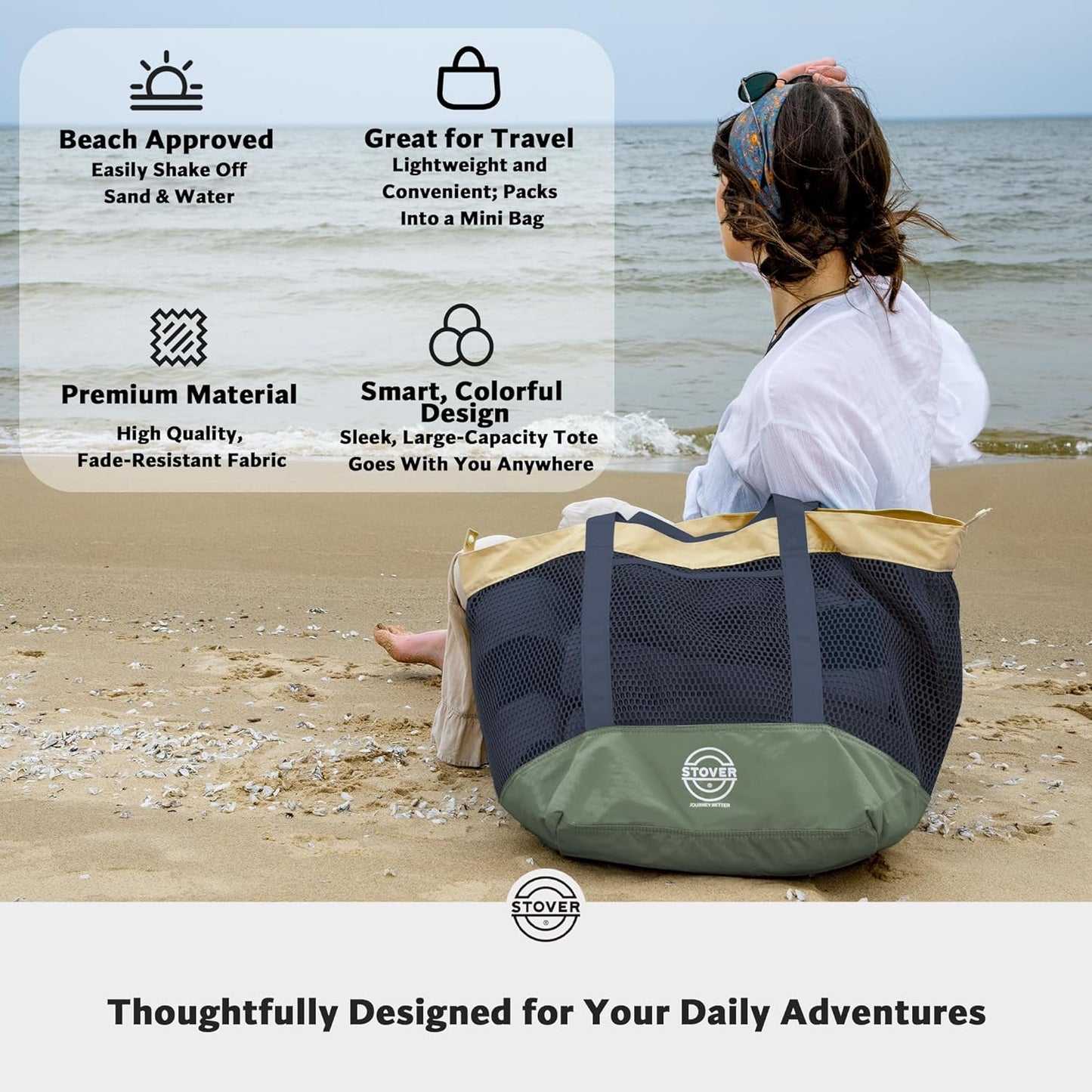 STOVER Large Mesh Beach Bag, Vacation, Pool, Shopping, & Travel Tote - Foldable w/Storage Pockets