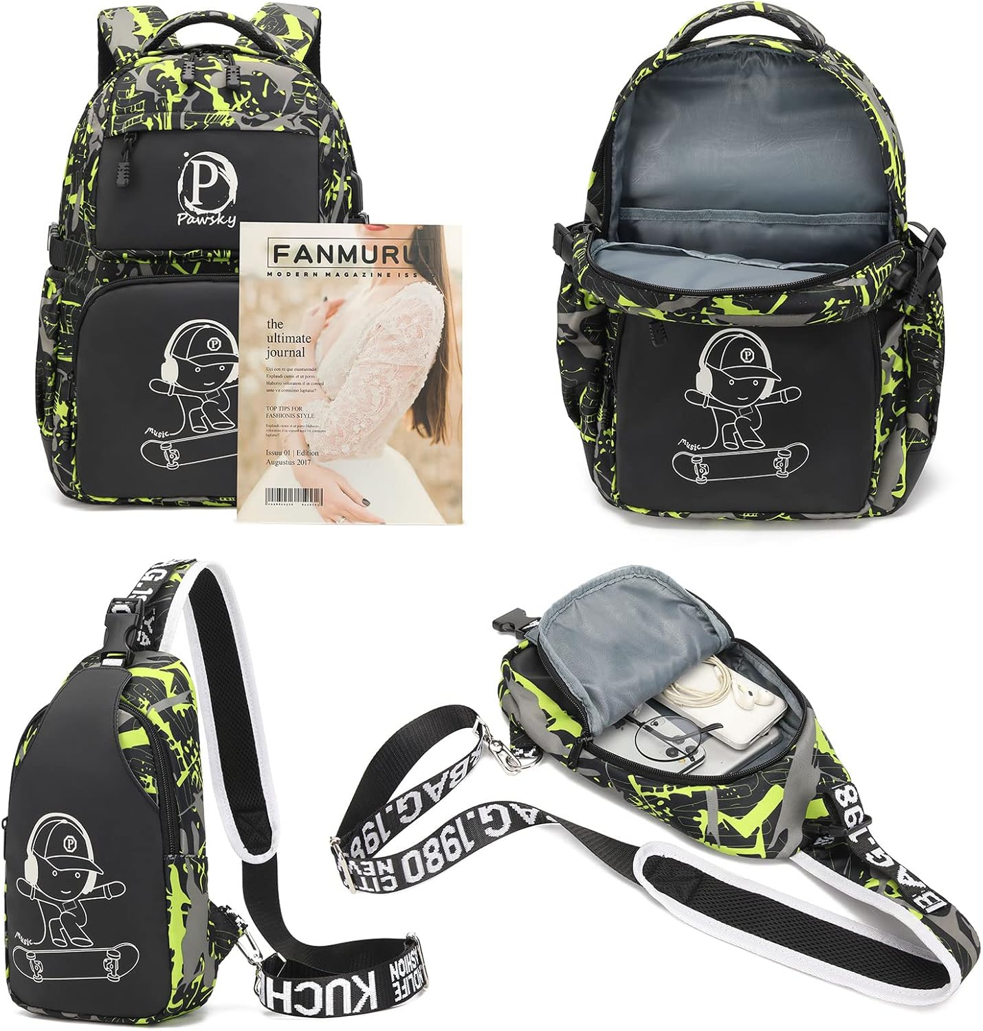 Kids Backpack for School, Boys Backpacks with USB Charging Port, College Elementary School Bookbag Lightweight Laptop Bag with Sling Bag, Green