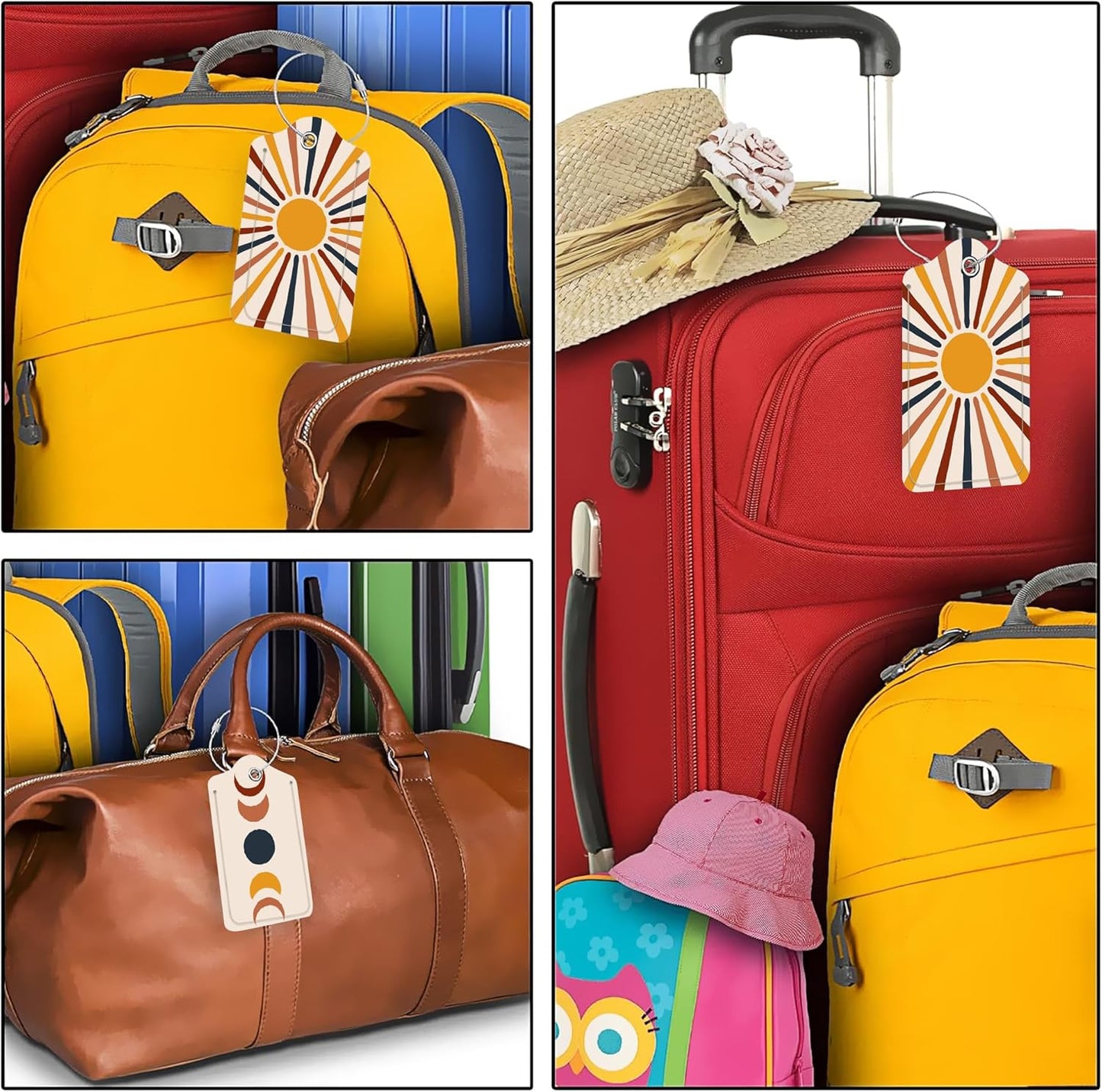 Set of 2 Luggage Tags for Suitcases, Leather Abstract Sun Moon Modern Boho Style Baggage Tags with