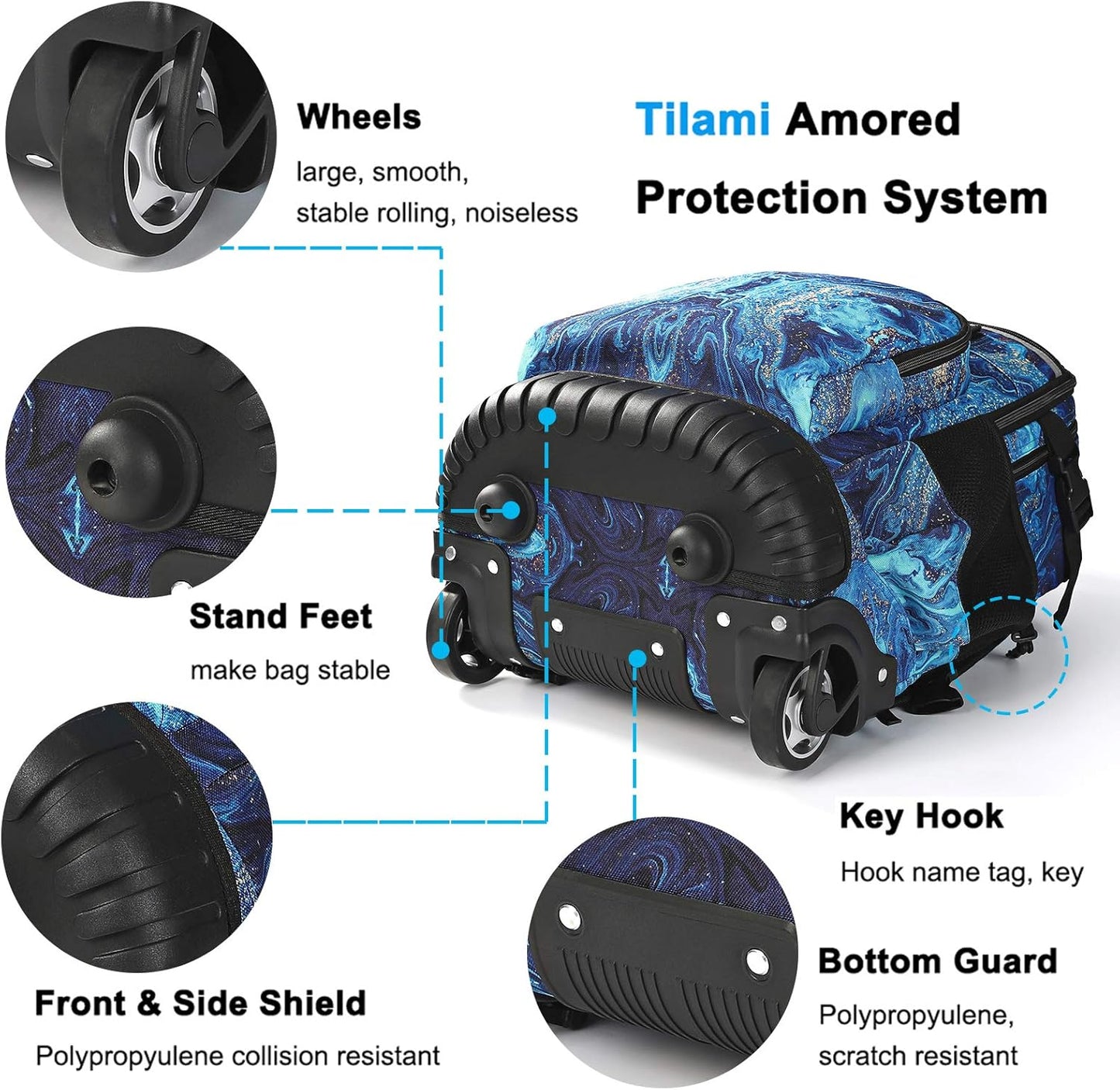 Tilami Rolling Backpack 18 inch Wheeled Laptop Backpack School College Student Travel Trip Boys and Girls (Blue Wave)