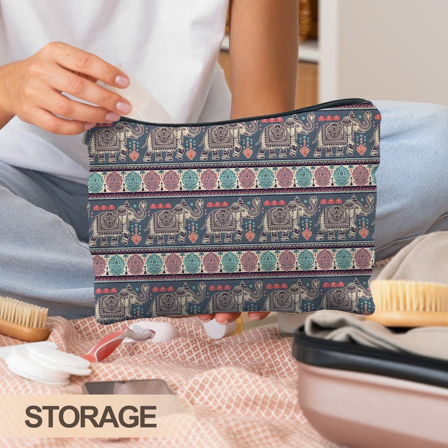 Bohemian Elephant Makeup Bag, Ethnic Indian Elephant Cosmetic Bags Toiletry Bag for Women, Elephant Gifts for Women, Boho Gifts for Women