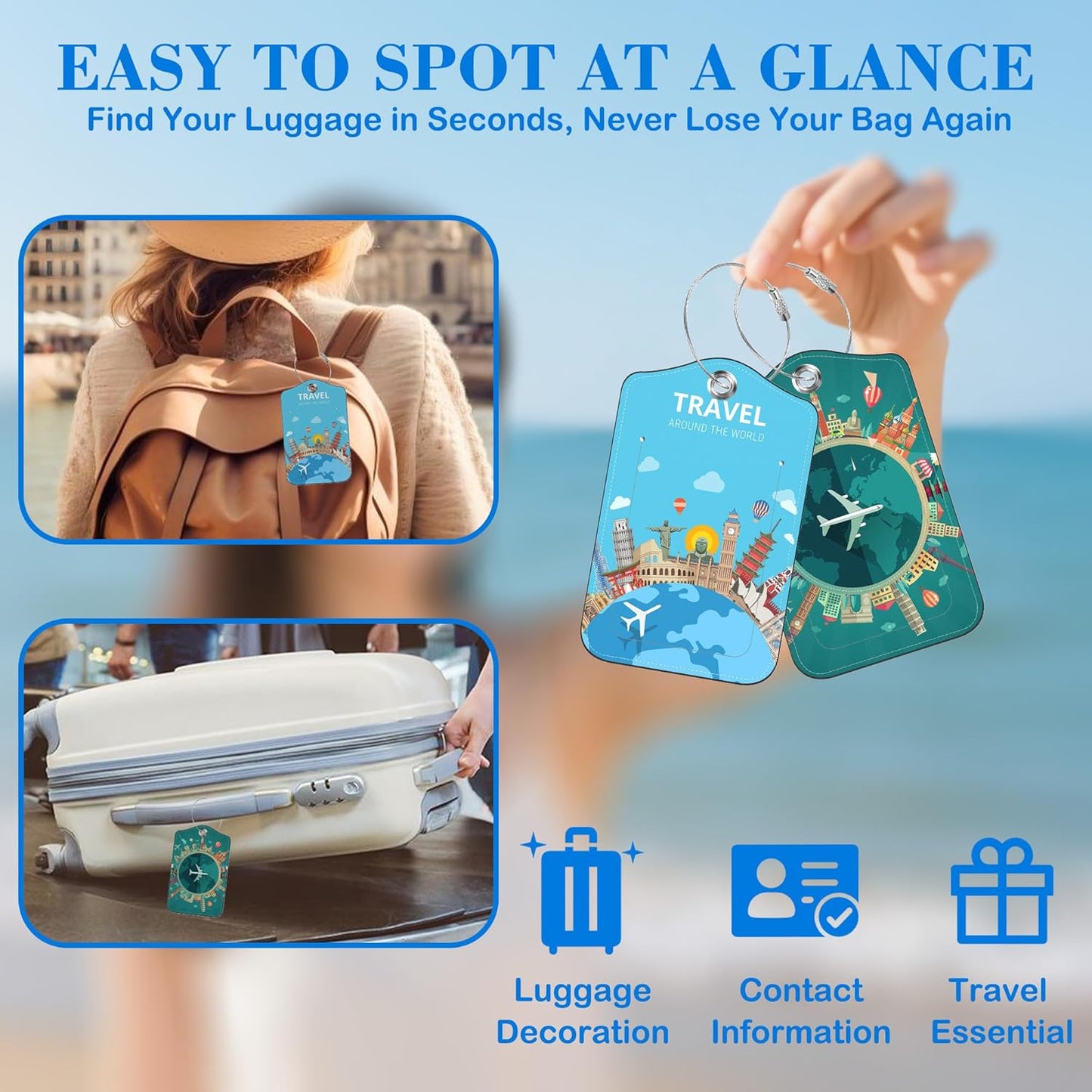 2 Pcs Luggage Tags for Suitcases, Travel Around The World Leather Bag Tags for Luggage Privacy Cover Name ID Label with Stainless Steel Loop Cruise Airport Travel Essentials