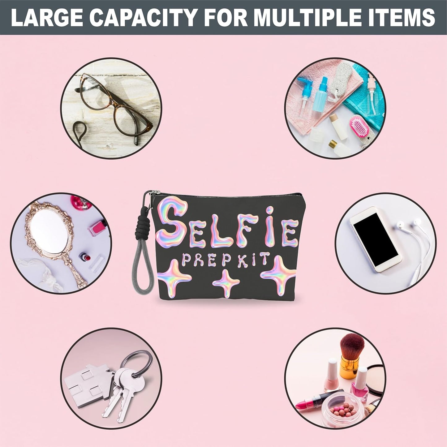 Make Up Bag, Cosmetic Bag With Hand Strap - Futuristic Selfie Prep Kit - Lined Toiletry Bag For Woman - Travel Pouch, Black & Pink Organizer With Zipper, Women Essentials & Accessories - A05