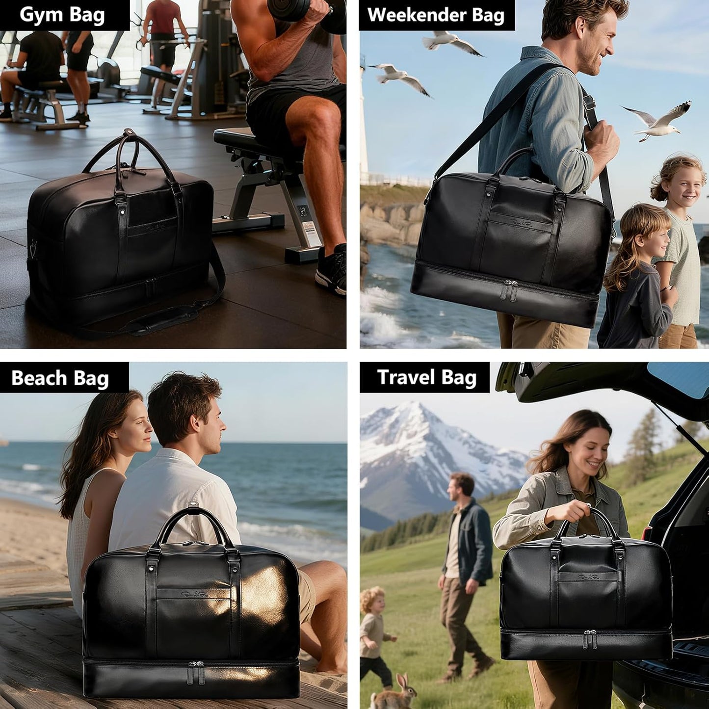 4PCS Leather Duffle Bags, Weekender Bag for Women Men, Large Travel Duffel-Overnight Bag with Toiletry, Makeup, Shoulder Bag, Faux Leather Carry On with Shoe Compartment (Black)