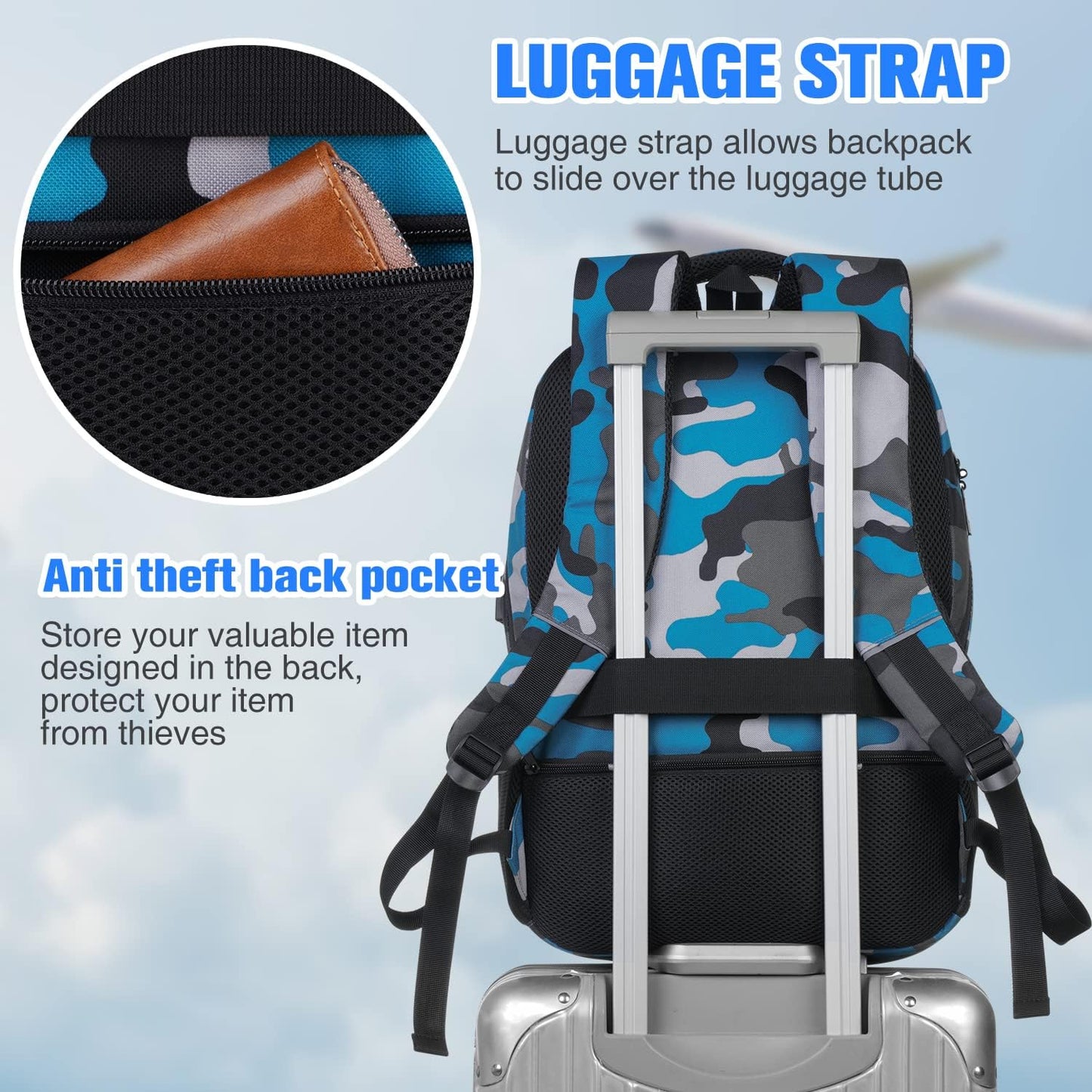 Backpack for Men,College Backpack School Bookbag for Teens,Laptop Bookbag with USB Port and Headphone Hole,Camouflage Blue