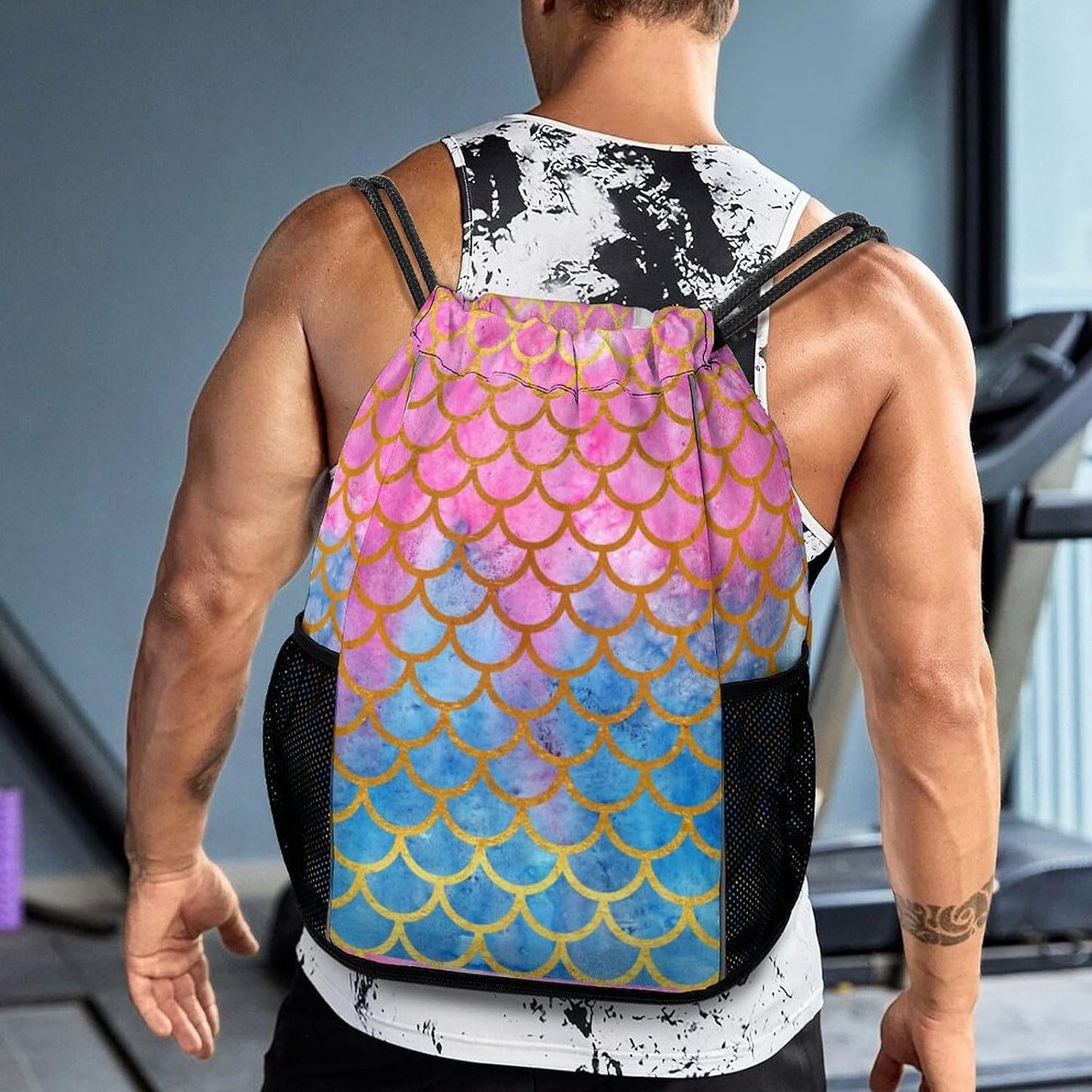 Mermaid Drawstring Backpack Gym Bag With Shoe Compartment String Bag Sport Beach Swimming Sackpack For Women Men